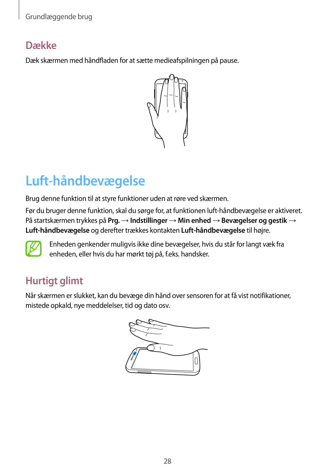 Samsung GT-I9506DKYNEE, GT-I9506ZSANEE manual Luft-håndbevægelse, Dække, Hurtigt glimt 