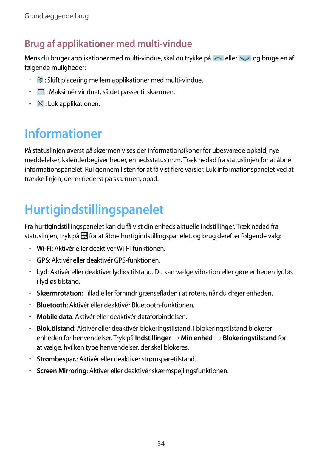 Samsung GT-I9506DKYNEE, GT-I9506ZSANEE Informationer, Hurtigindstillingspanelet, Brug af applikationer med multi-vindue 