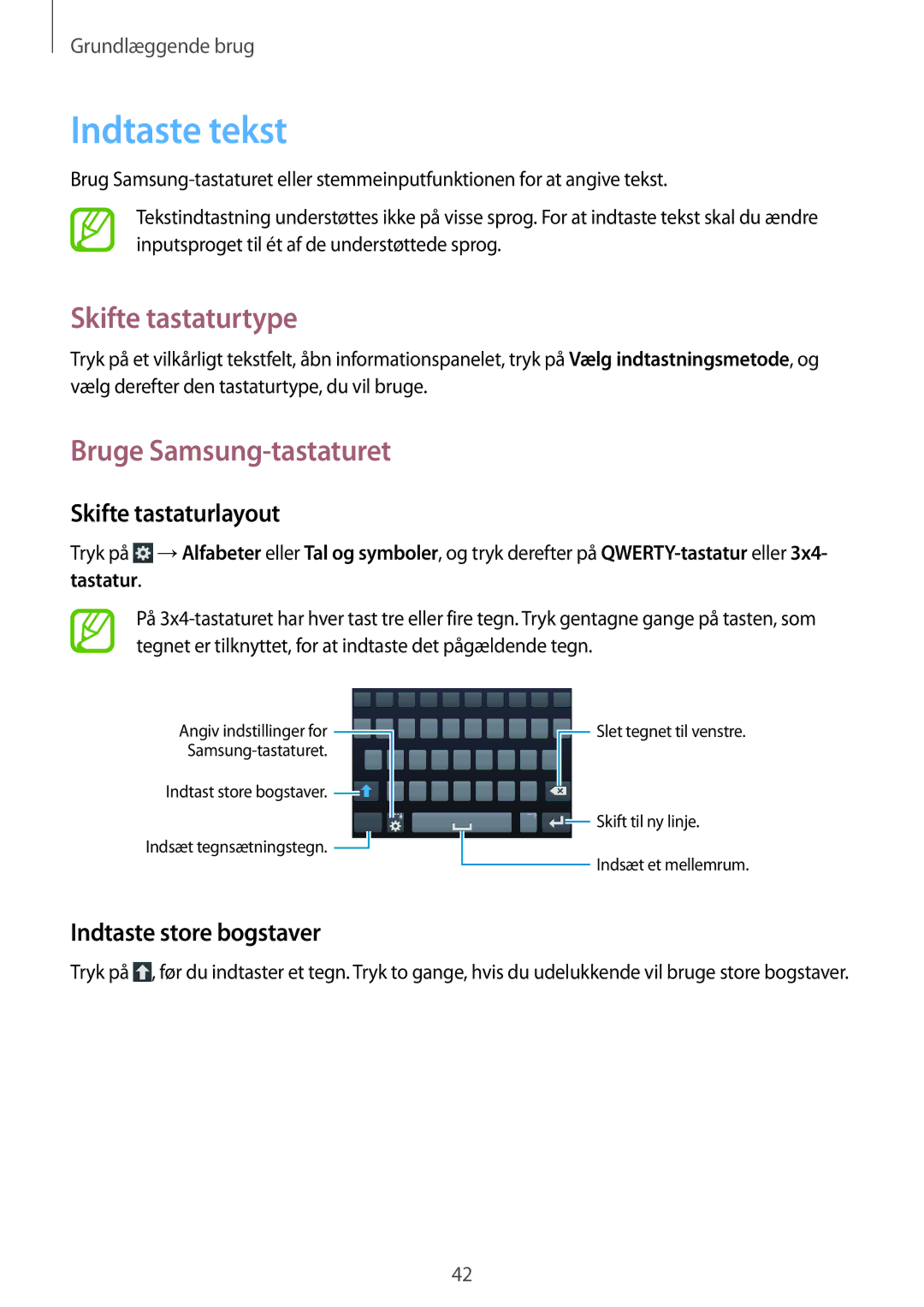 Samsung GT-I9506DKYNEE manual Indtaste tekst, Skifte tastaturtype, Bruge Samsung-tastaturet, Skifte tastaturlayout 