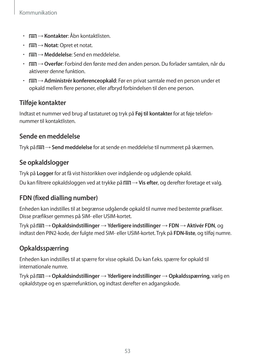 Samsung GT-I9506ZSANEE, GT-I9506DKYNEE Tilføje kontakter, Sende en meddelelse, Se opkaldslogger, FDN fixed dialling number 