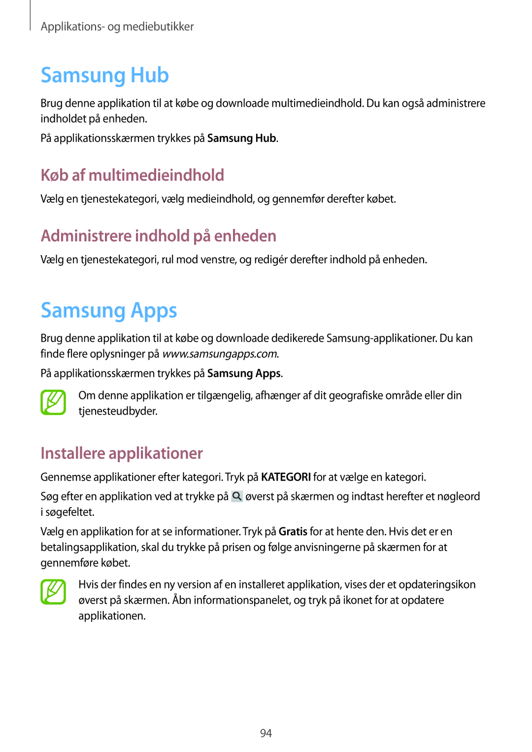 Samsung GT-I9506DKYNEE manual Samsung Hub, Samsung Apps, Køb af multimedieindhold, Administrere indhold på enheden 