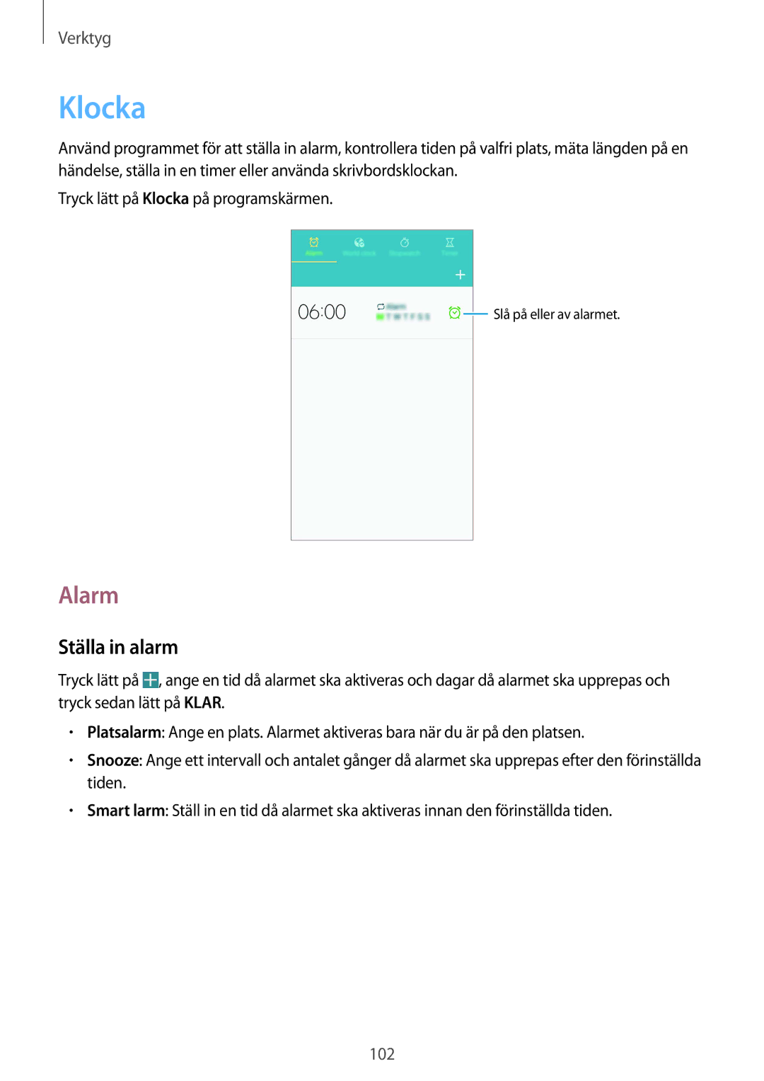 Samsung GT-I9506DKYNEE, GT-I9506ZSANEE manual Klocka, Alarm, Ställa in alarm 