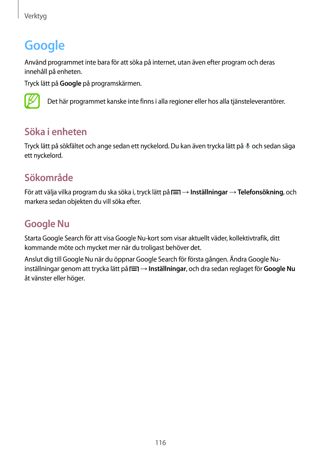 Samsung GT-I9506DKYNEE, GT-I9506ZSANEE manual Söka i enheten, Sökområde, Google Nu 