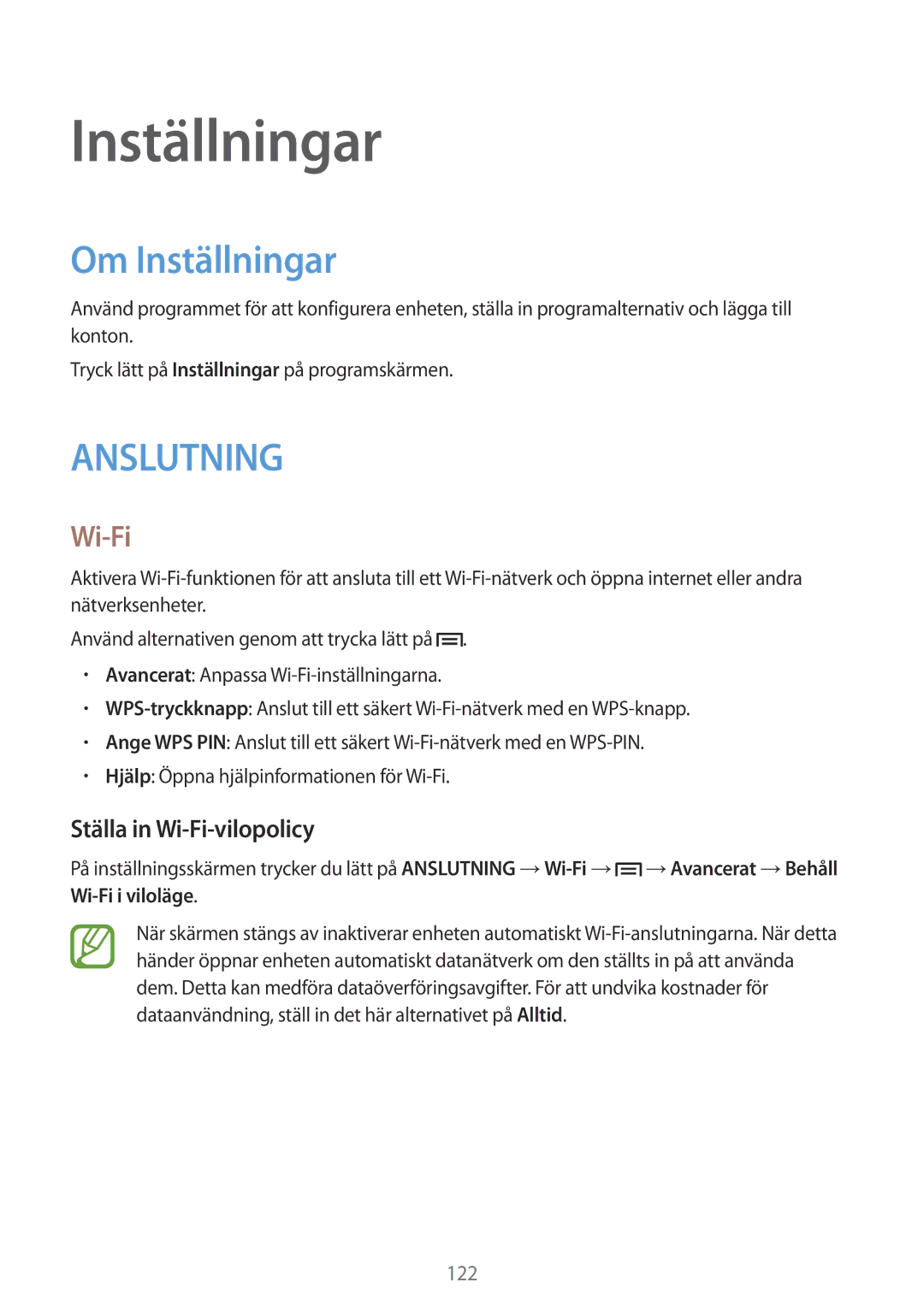 Samsung GT-I9506DKYNEE, GT-I9506ZSANEE manual Om Inställningar, Ställa in Wi-Fi-vilopolicy 