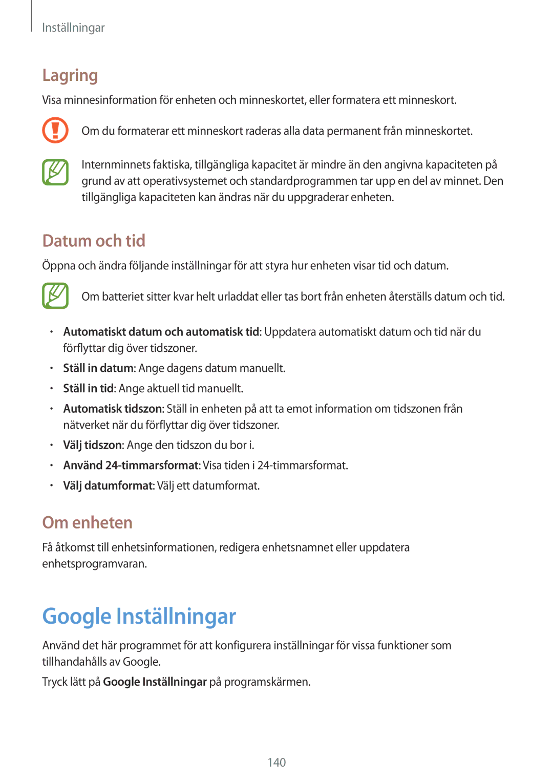 Samsung GT-I9506DKYNEE, GT-I9506ZSANEE manual Google Inställningar, Lagring, Datum och tid, Om enheten 