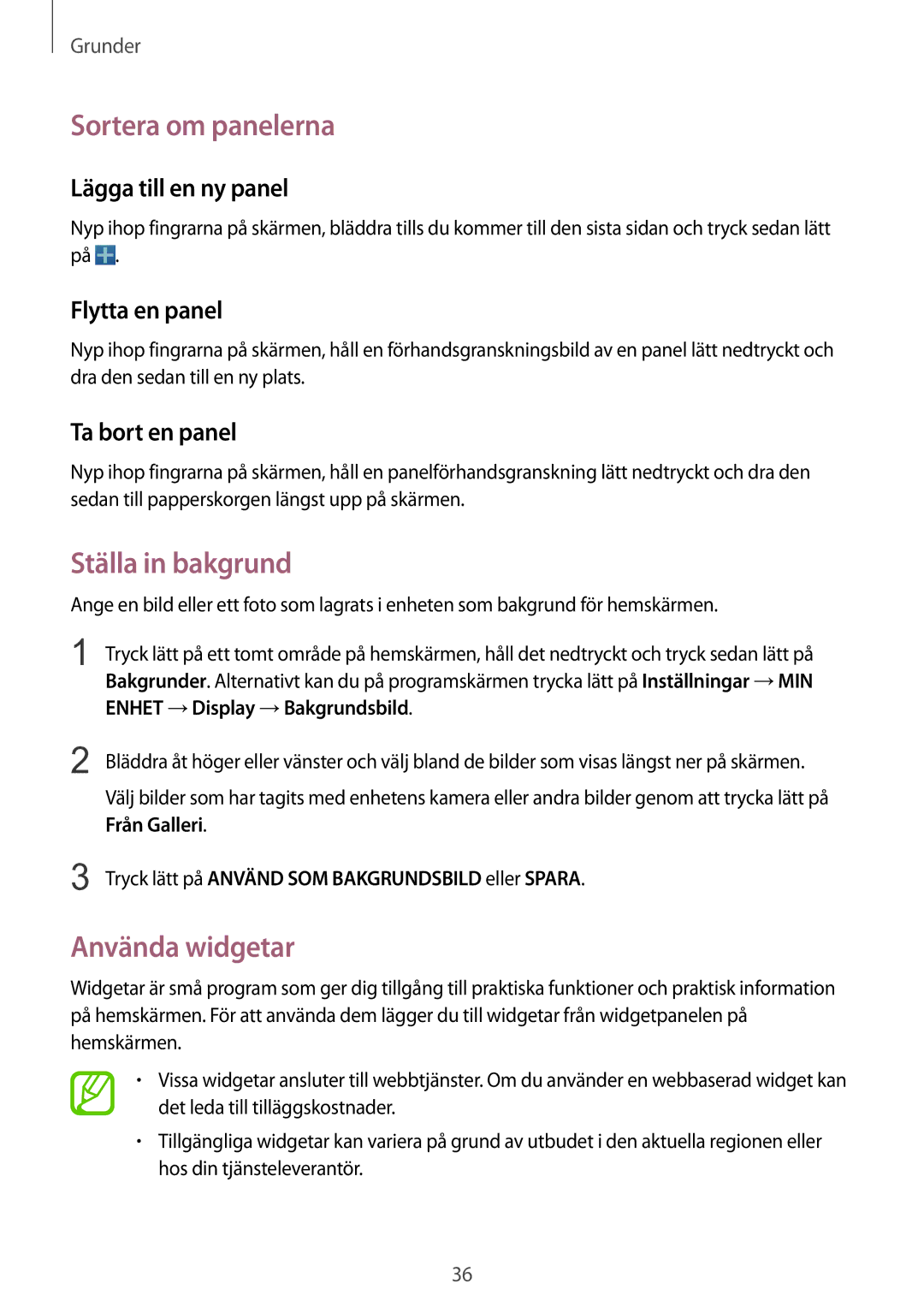 Samsung GT-I9506DKYNEE, GT-I9506ZSANEE manual Sortera om panelerna, Ställa in bakgrund, Använda widgetar 