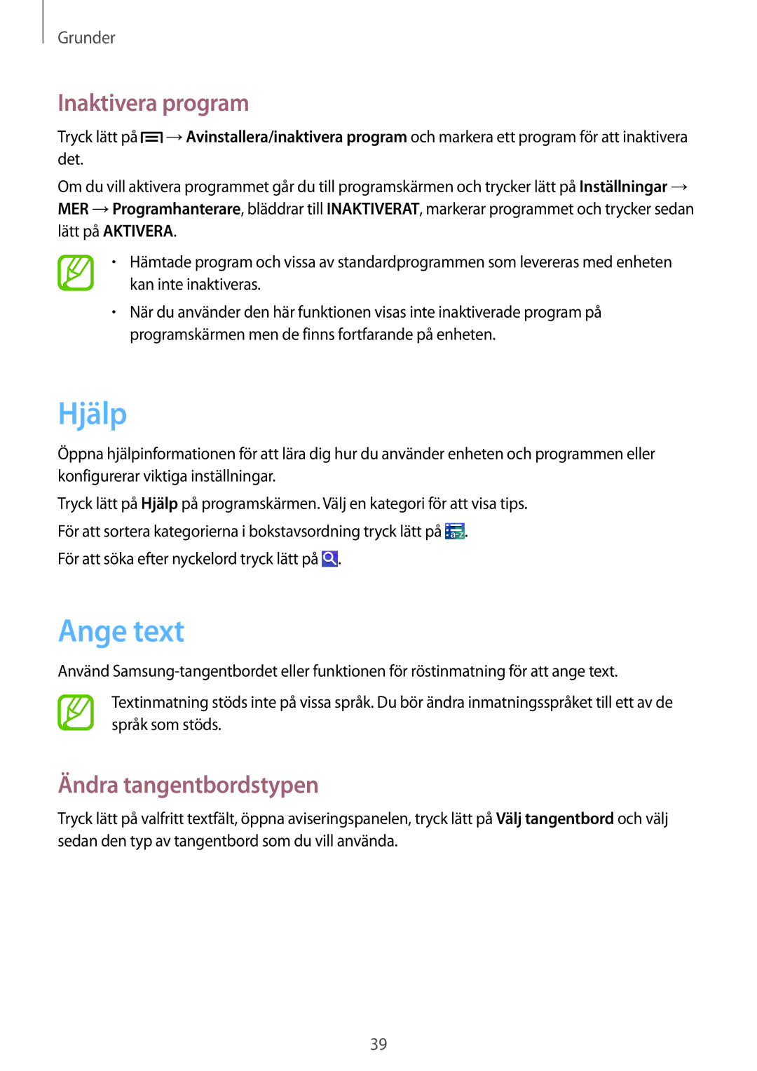 Samsung GT-I9506ZSANEE, GT-I9506DKYNEE manual Hjälp, Ange text, Inaktivera program, Ändra tangentbordstypen 