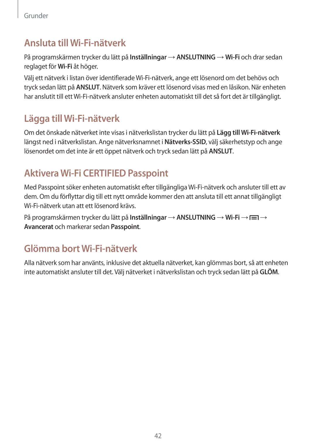 Samsung GT-I9506DKYNEE manual Ansluta till Wi-Fi-nätverk, Lägga till Wi-Fi-nätverk, Aktivera Wi-Fi Certified Passpoint 