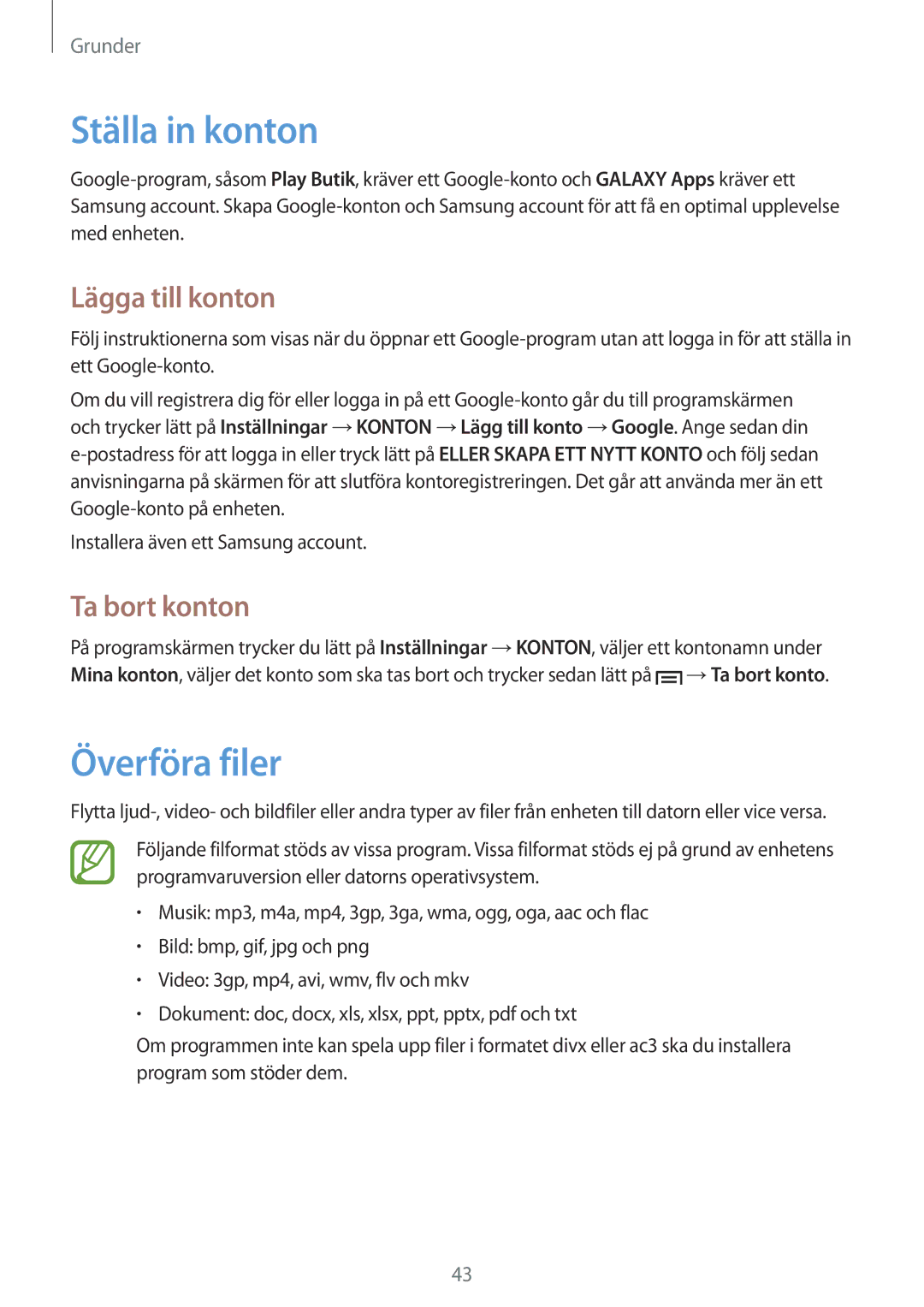 Samsung GT-I9506ZSANEE, GT-I9506DKYNEE manual Ställa in konton, Överföra filer, Lägga till konton, Ta bort konton 