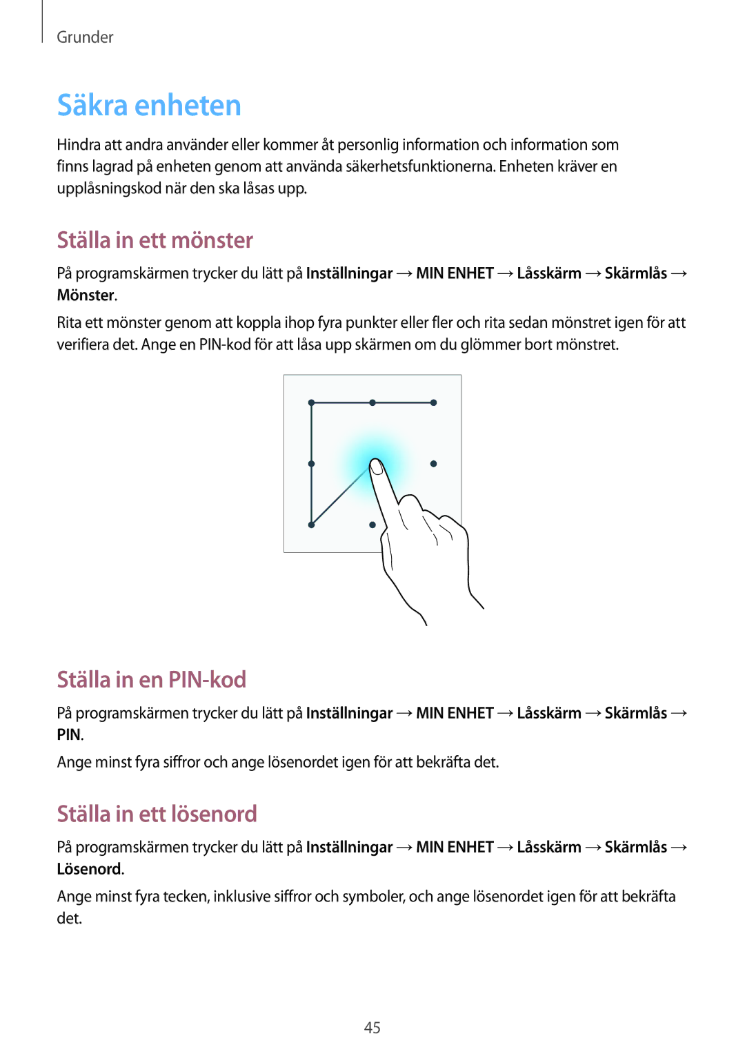 Samsung GT-I9506ZSANEE, GT-I9506DKYNEE Säkra enheten, Ställa in ett mönster, Ställa in en PIN-kod, Ställa in ett lösenord 