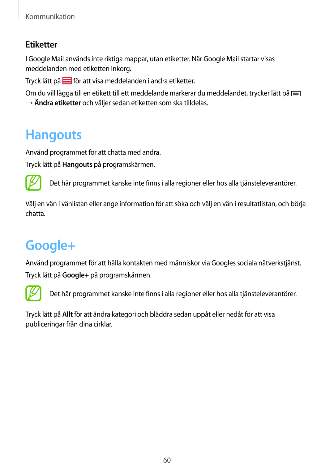 Samsung GT-I9506DKYNEE, GT-I9506ZSANEE manual Hangouts, Google+, Etiketter 