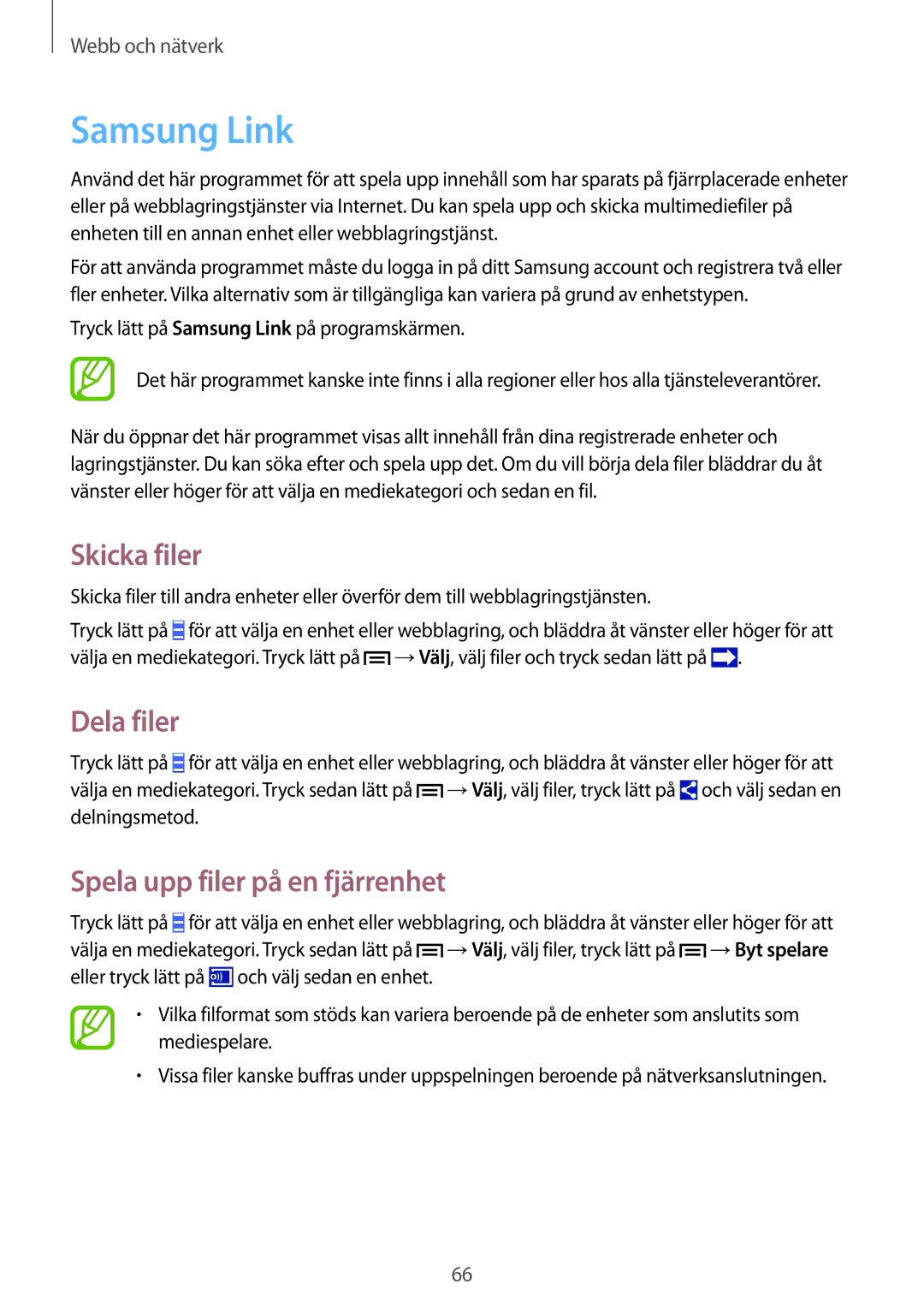 Samsung GT-I9506DKYNEE, GT-I9506ZSANEE manual Samsung Link, Skicka filer, Dela filer, Spela upp filer på en fjärrenhet 