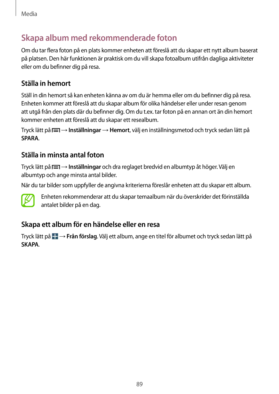Samsung GT-I9506ZSANEE manual Skapa album med rekommenderade foton, Ställa in hemort, Ställa in minsta antal foton 