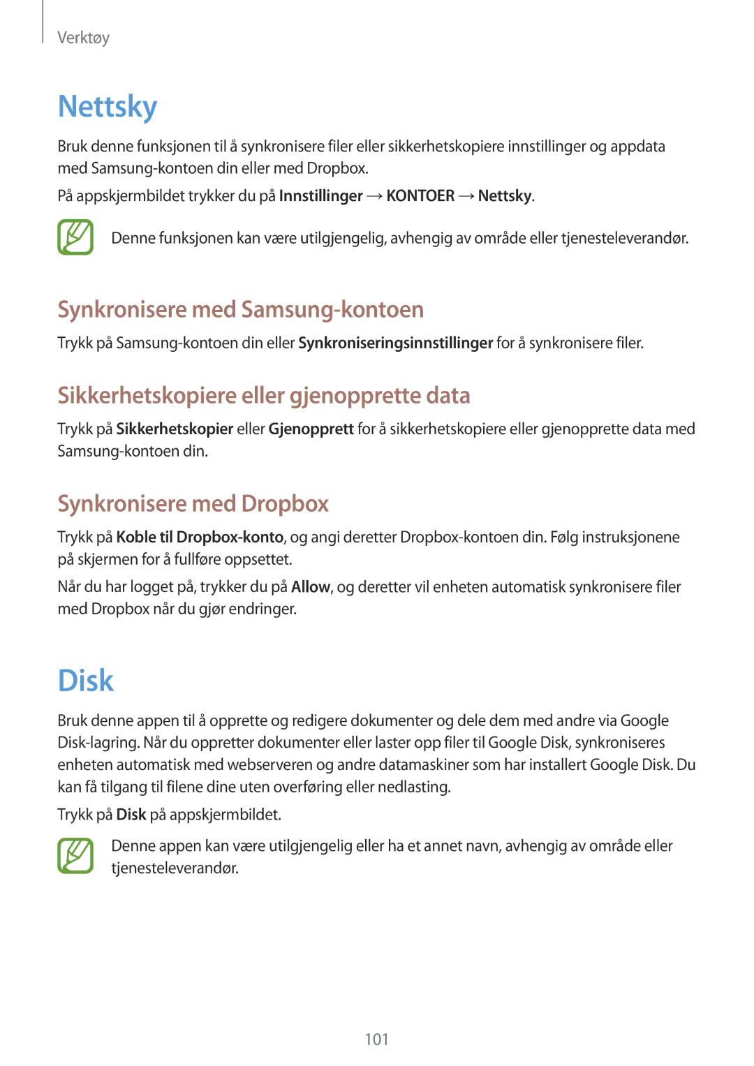 Samsung GT-I9506ZSANEE manual Nettsky, Disk, Synkronisere med Samsung-kontoen, Sikkerhetskopiere eller gjenopprette data 