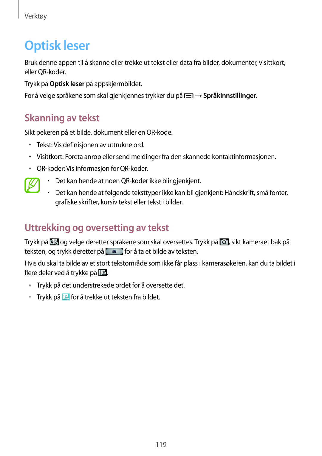 Samsung GT-I9506ZSANEE, GT-I9506DKYNEE manual Optisk leser, Skanning av tekst, Uttrekking og oversetting av tekst 