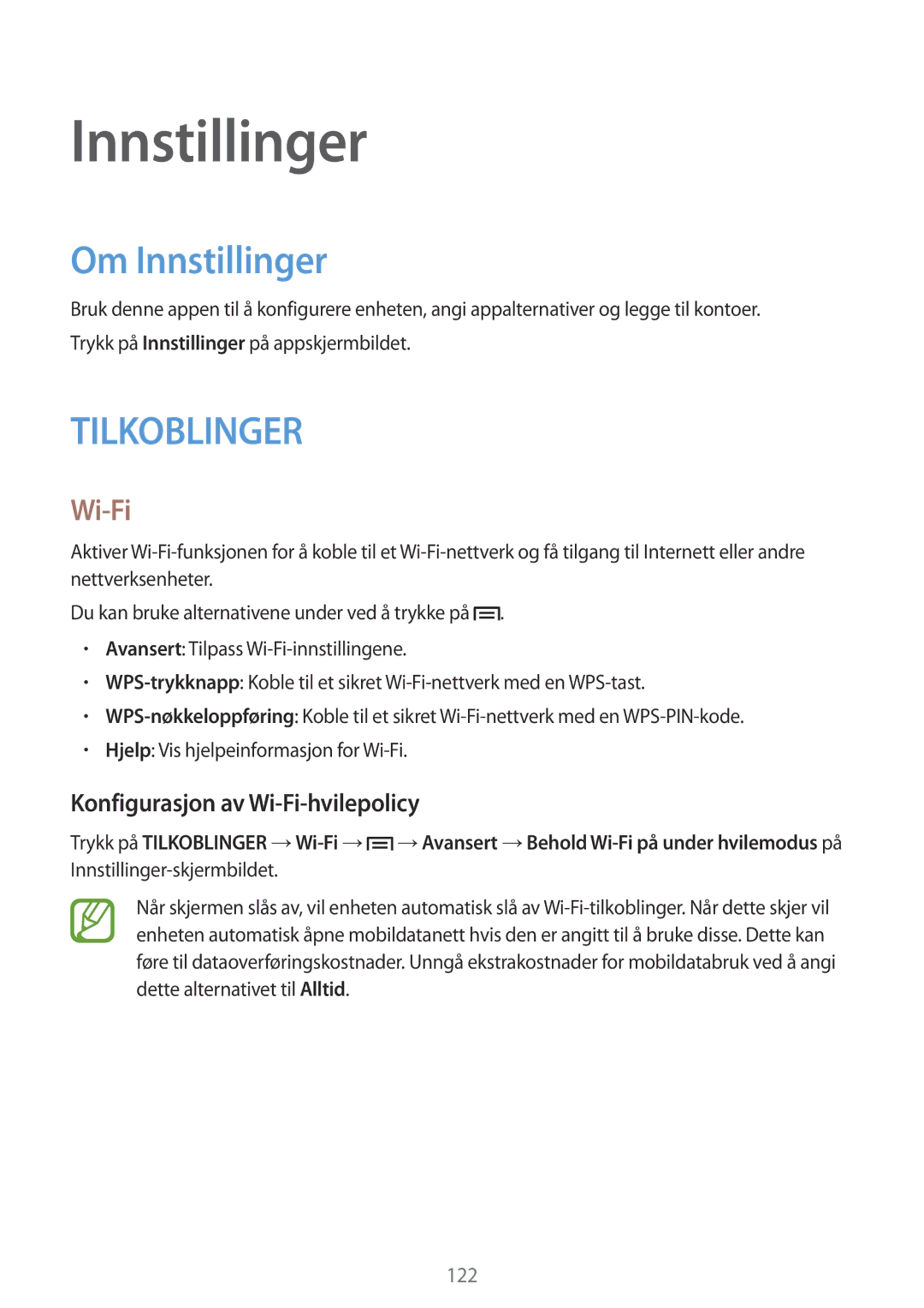 Samsung GT-I9506DKYNEE, GT-I9506ZSANEE manual Om Innstillinger, Konfigurasjon av Wi-Fi-hvilepolicy 