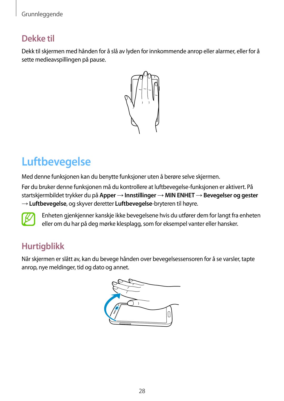 Samsung GT-I9506DKYNEE, GT-I9506ZSANEE manual Luftbevegelse, Dekke til, Hurtigblikk 