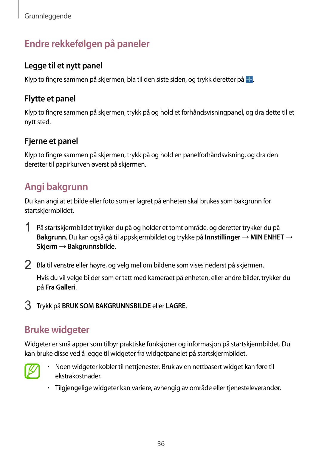 Samsung GT-I9506DKYNEE, GT-I9506ZSANEE manual Endre rekkefølgen på paneler, Angi bakgrunn, Bruke widgeter 