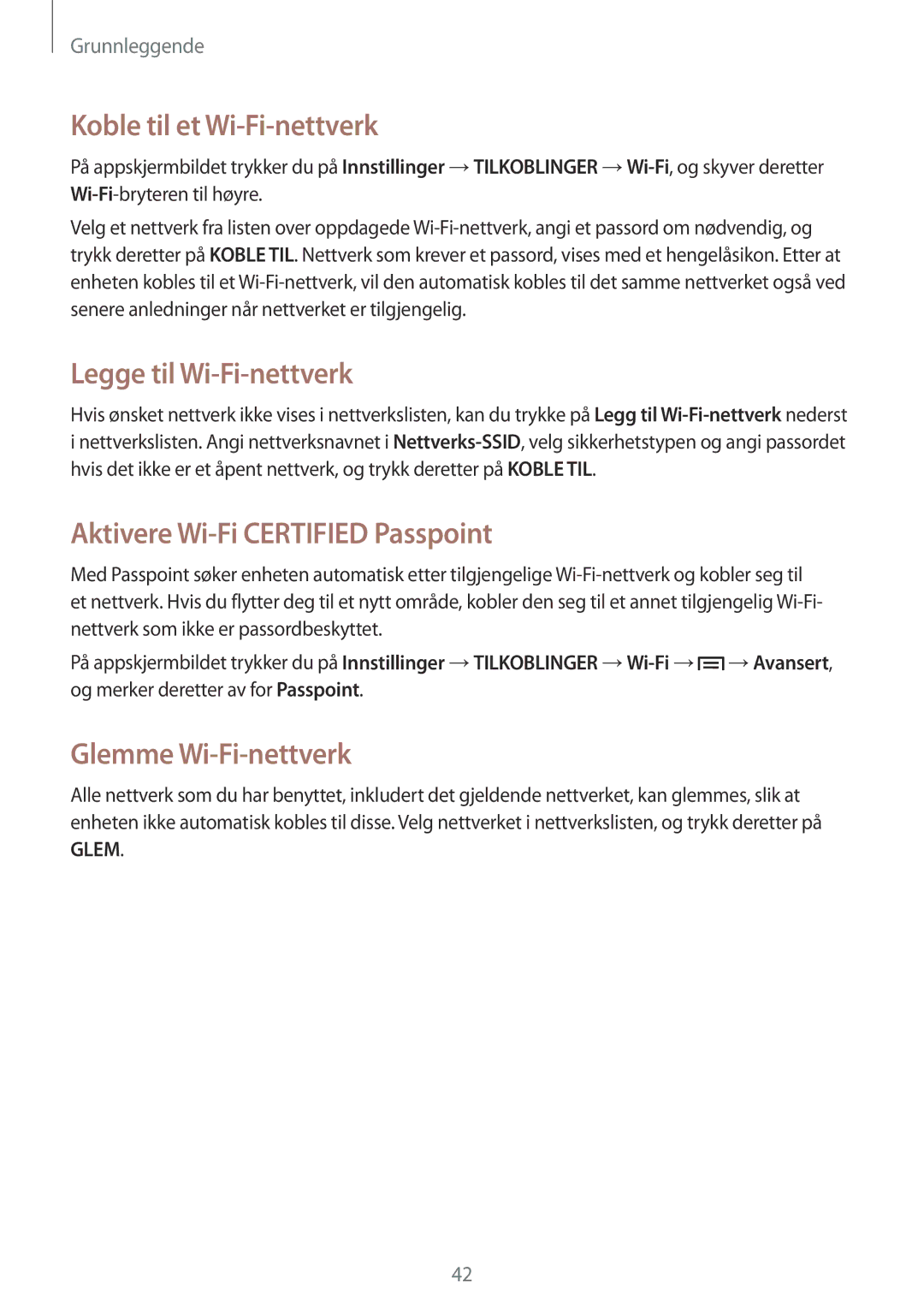 Samsung GT-I9506DKYNEE manual Koble til et Wi-Fi-nettverk, Legge til Wi-Fi-nettverk, Aktivere Wi-Fi Certified Passpoint 