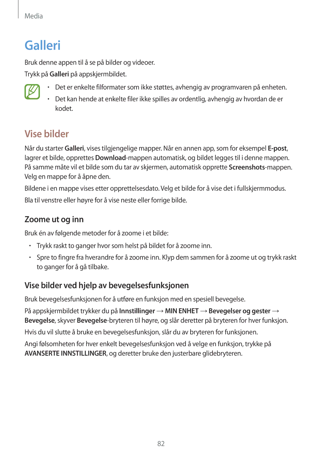Samsung GT-I9506DKYNEE, GT-I9506ZSANEE manual Galleri, Zoome ut og inn, Vise bilder ved hjelp av bevegelsesfunksjonen 