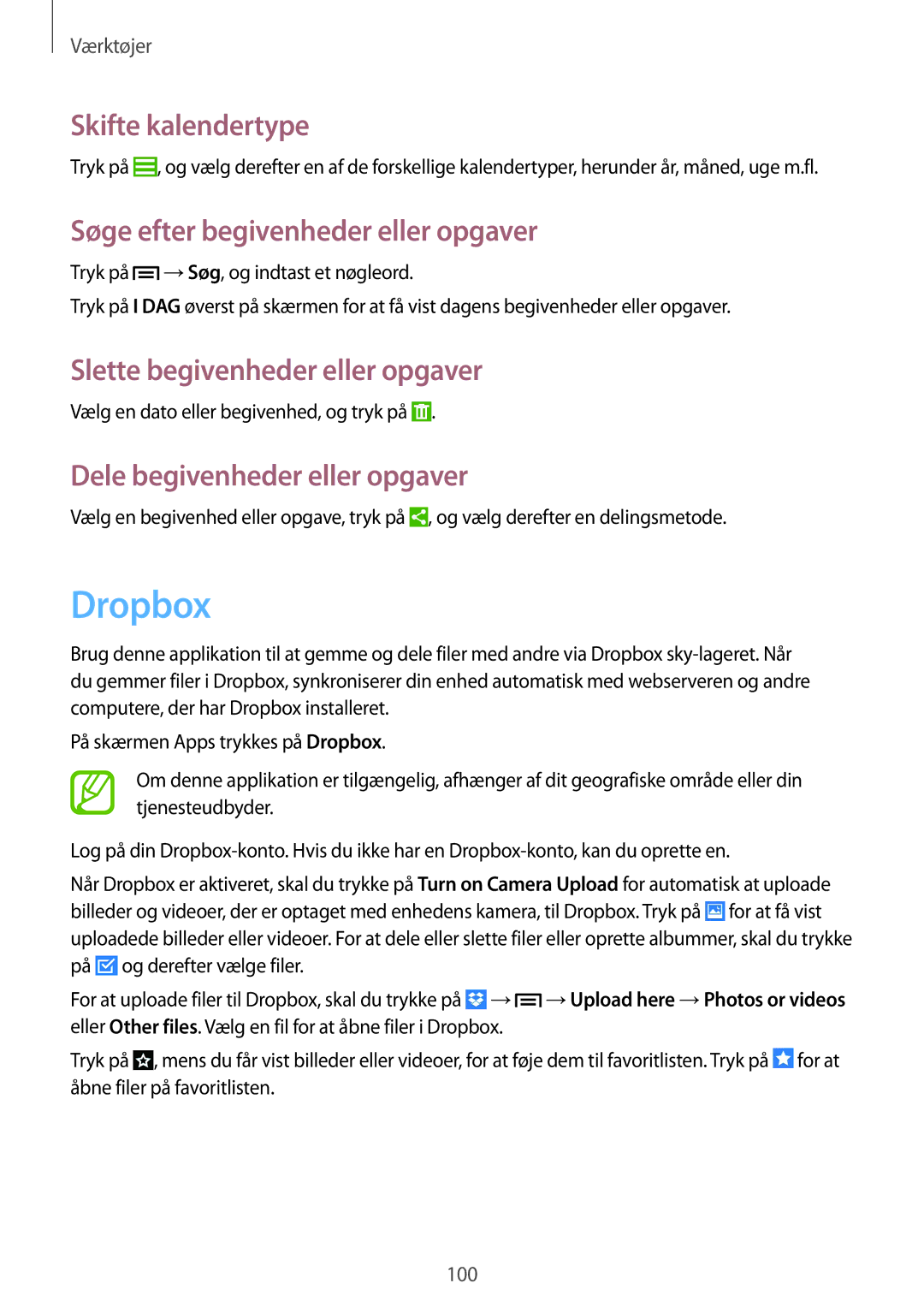 Samsung GT-I9506DKYNEE, GT-I9506ZSANEE manual Dropbox, Skifte kalendertype, Søge efter begivenheder eller opgaver 