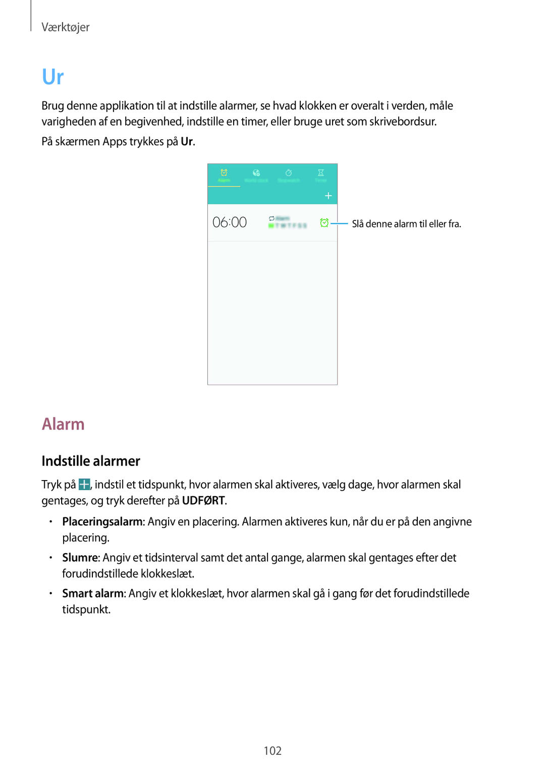 Samsung GT-I9506DKYNEE, GT-I9506ZSANEE manual Alarm, Indstille alarmer 