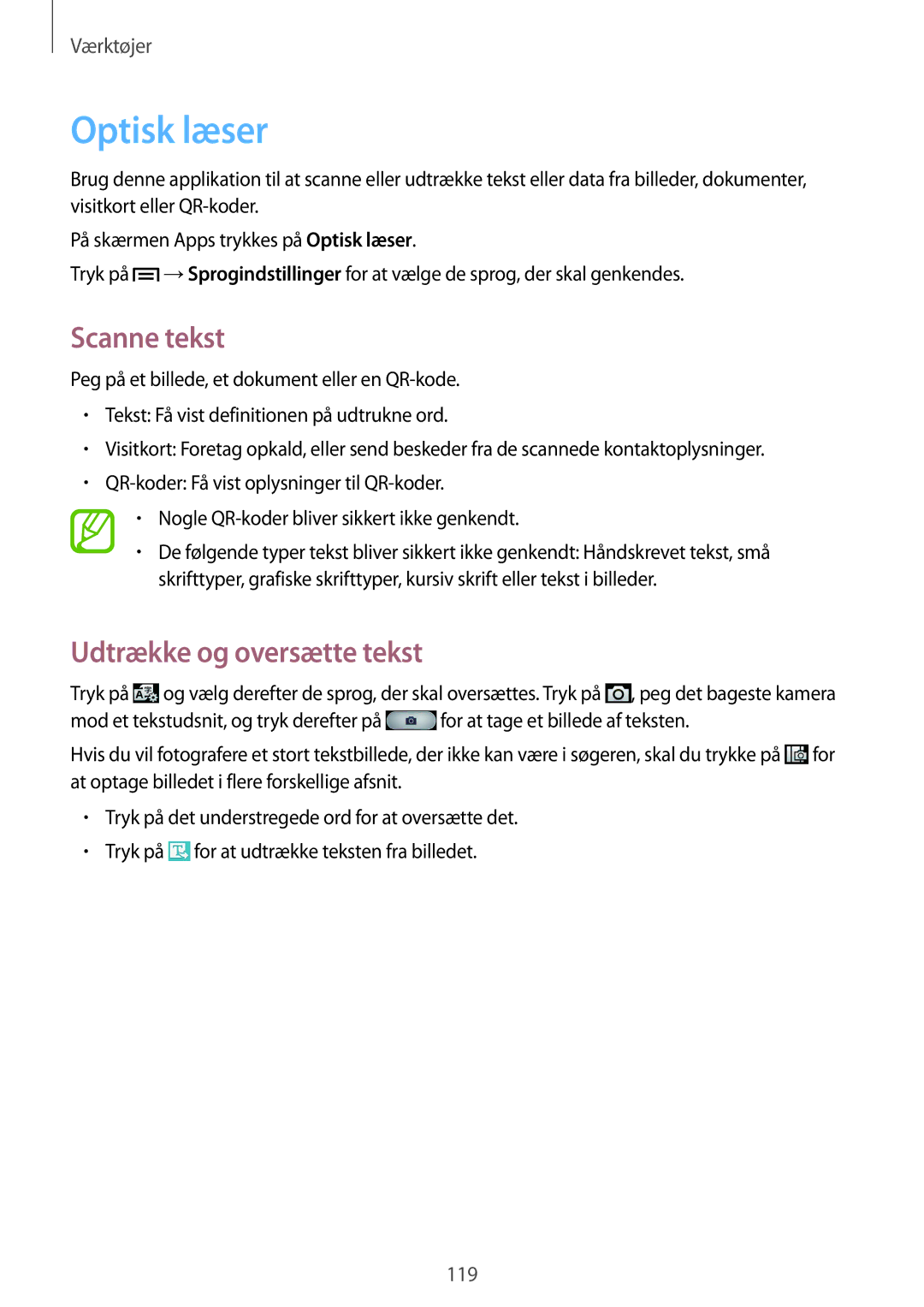Samsung GT-I9506ZSANEE, GT-I9506DKYNEE manual Optisk læser, Scanne tekst, Udtrække og oversætte tekst 