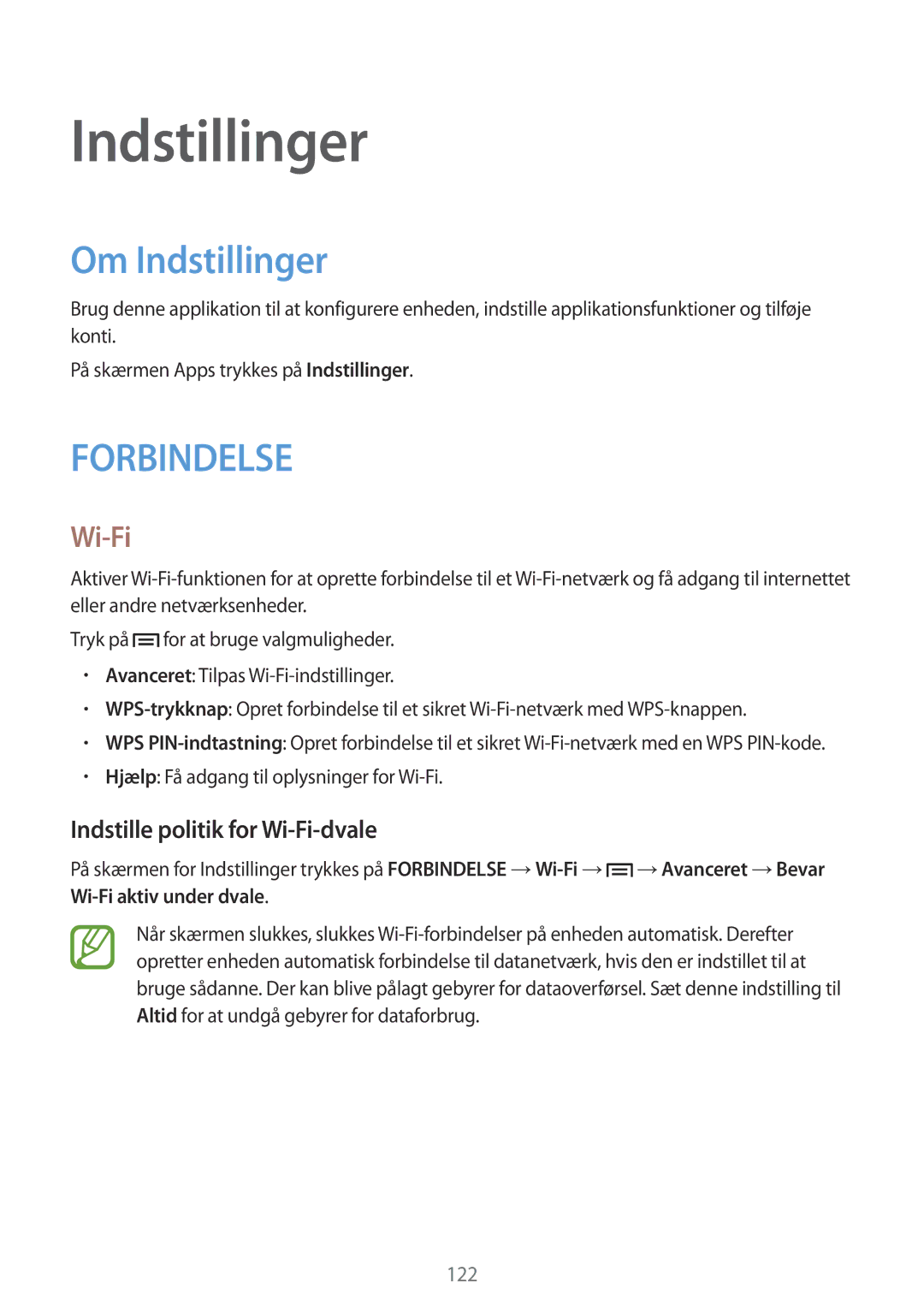 Samsung GT-I9506DKYNEE, GT-I9506ZSANEE manual Om Indstillinger, Indstille politik for Wi-Fi-dvale 