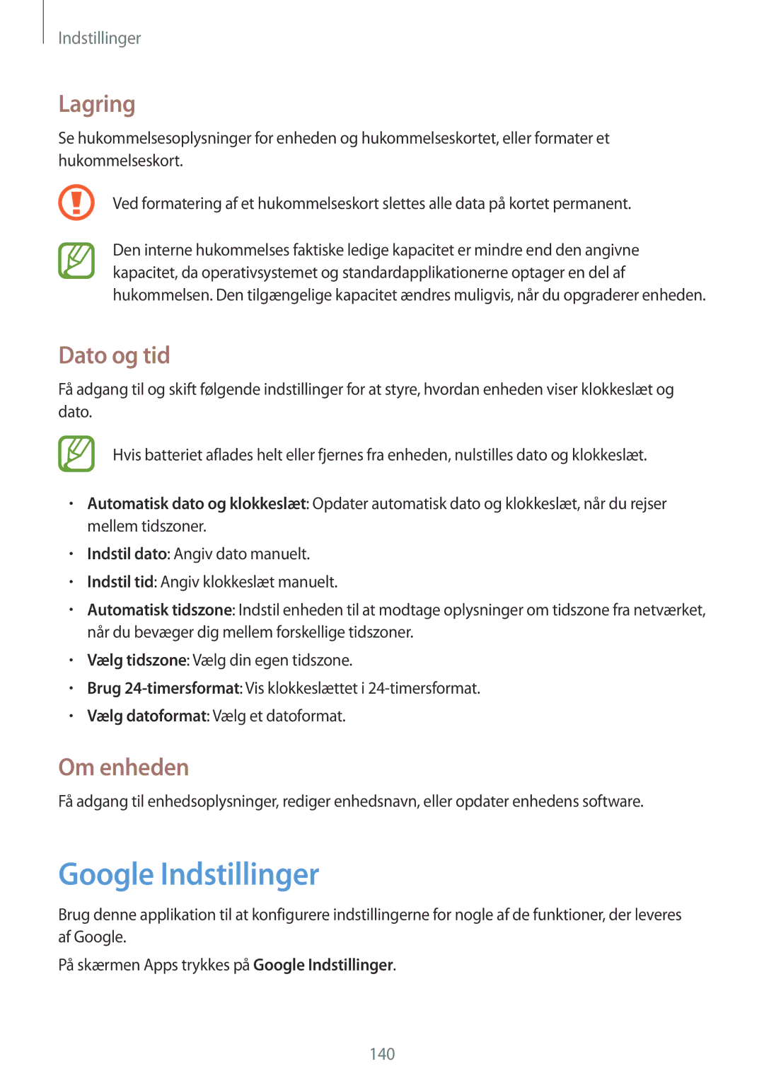 Samsung GT-I9506DKYNEE, GT-I9506ZSANEE manual Google Indstillinger, Lagring, Dato og tid, Om enheden 
