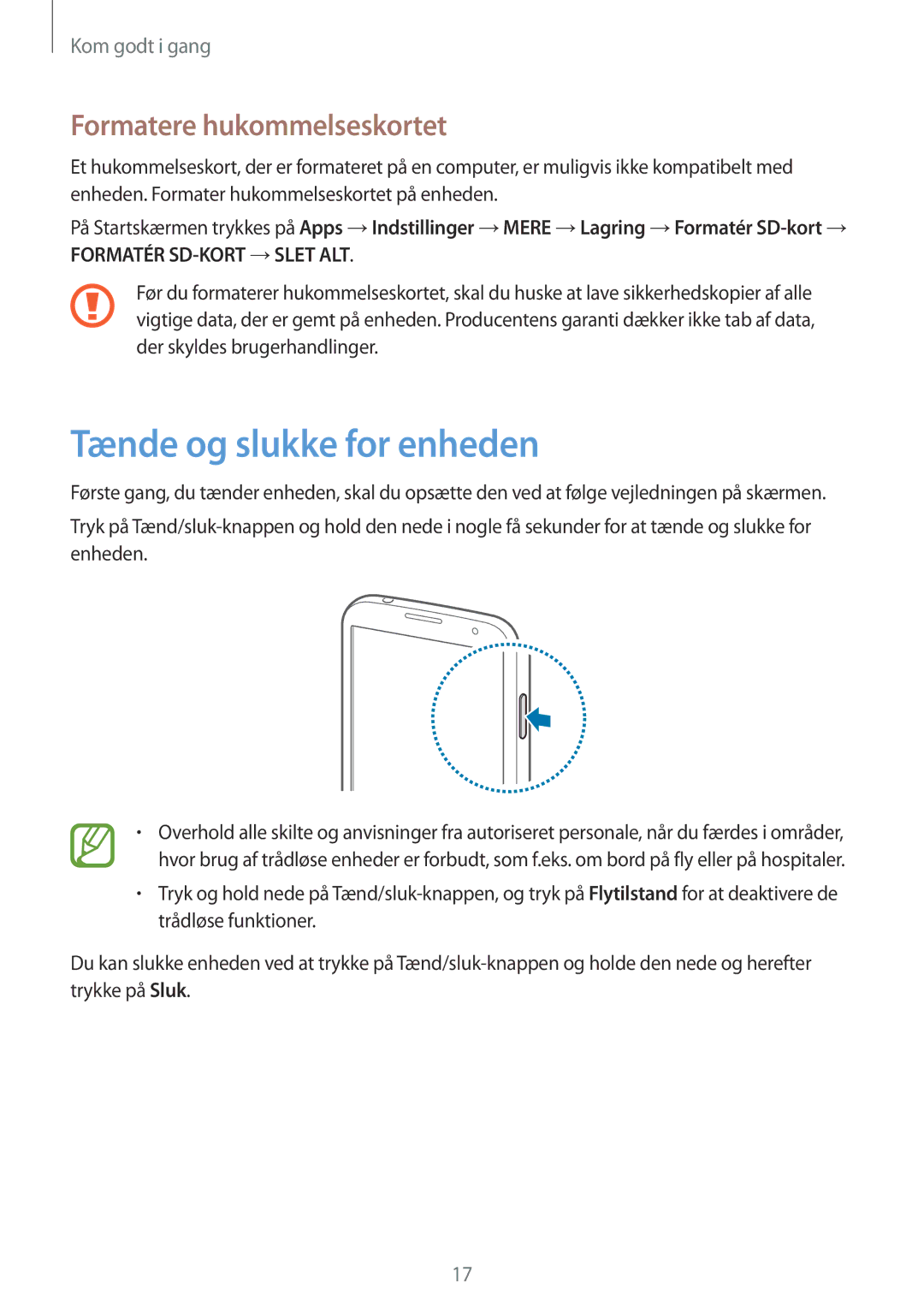 Samsung GT-I9506ZSANEE, GT-I9506DKYNEE manual Tænde og slukke for enheden, Formatere hukommelseskortet 