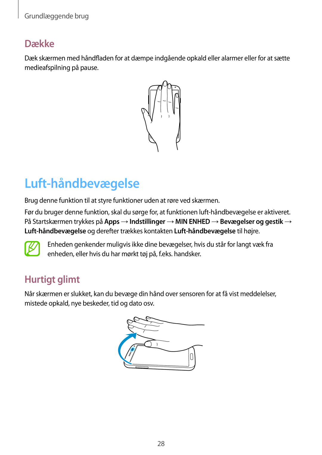 Samsung GT-I9506DKYNEE, GT-I9506ZSANEE manual Luft-håndbevægelse, Dække, Hurtigt glimt 