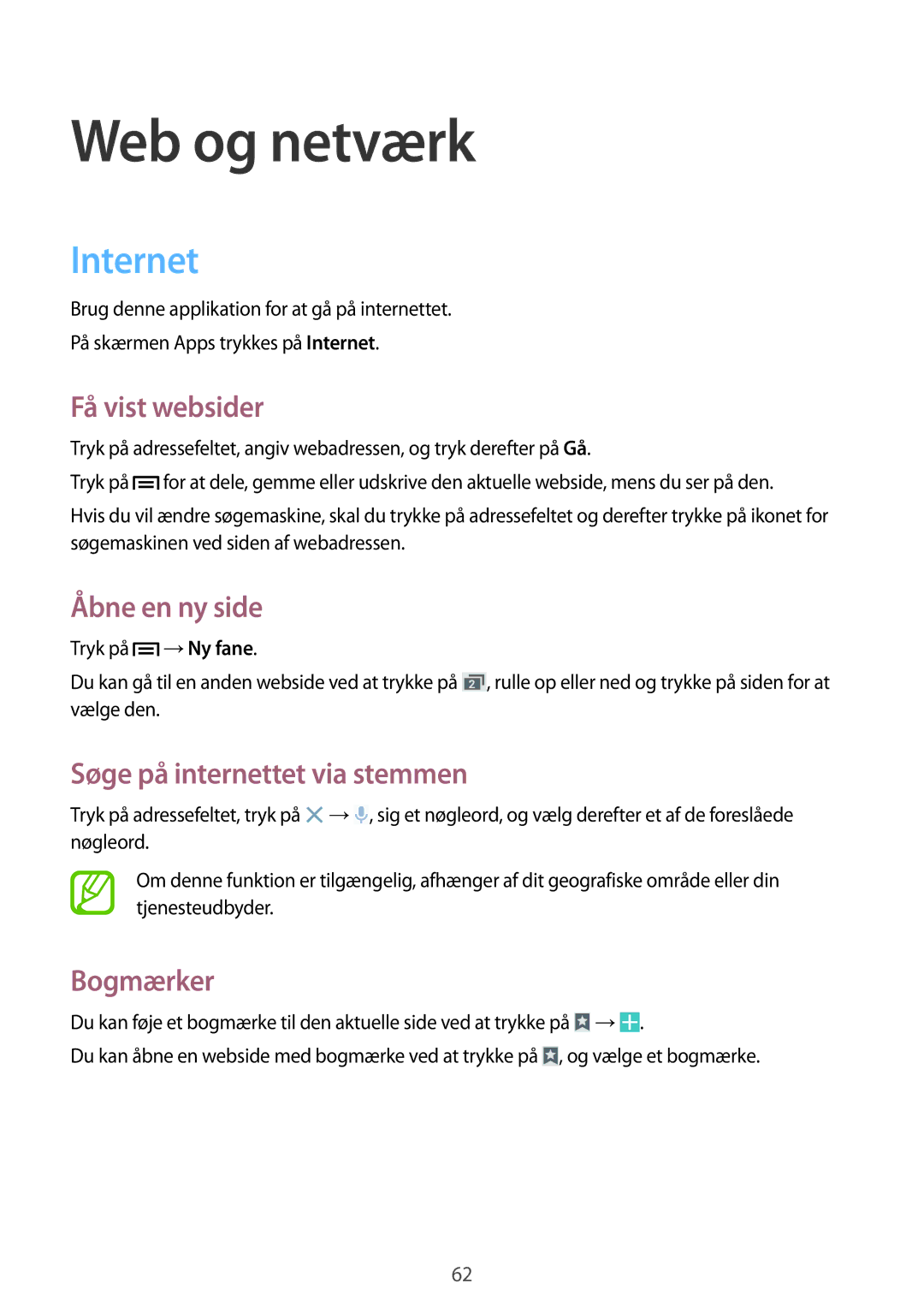 Samsung GT-I9506DKYNEE manual Internet, Få vist websider, Åbne en ny side, Søge på internettet via stemmen, Bogmærker 