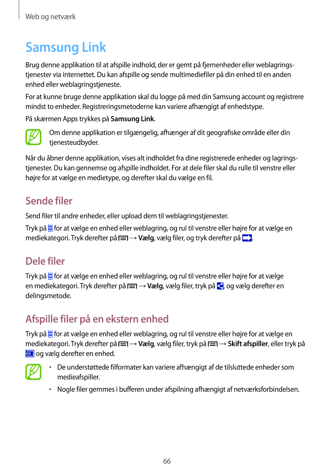 Samsung GT-I9506DKYNEE, GT-I9506ZSANEE manual Samsung Link, Sende filer, Dele filer, Afspille filer på en ekstern enhed 