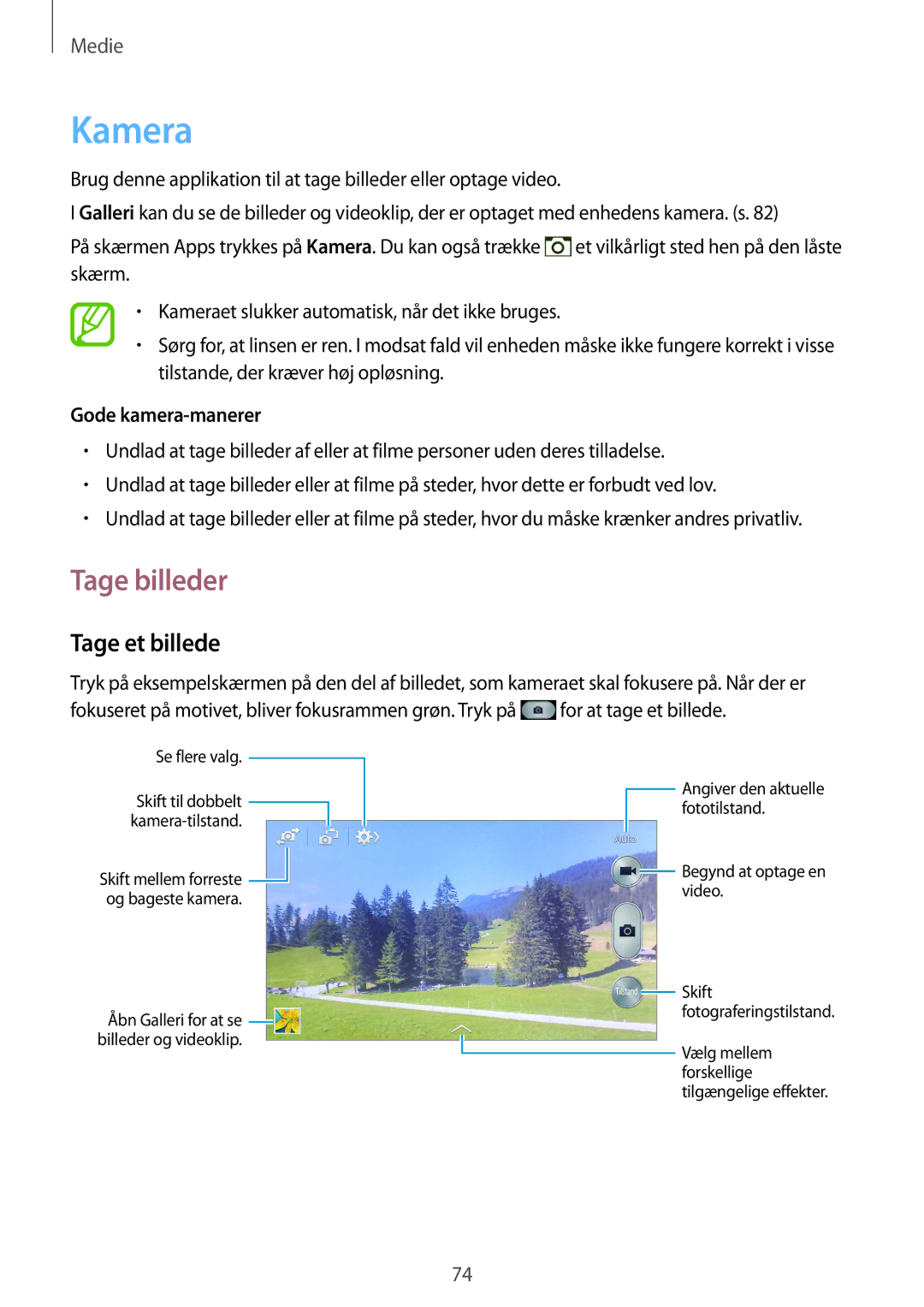 Samsung GT-I9506DKYNEE, GT-I9506ZSANEE manual Kamera, Tage billeder, Tage et billede, Gode kamera-manerer 