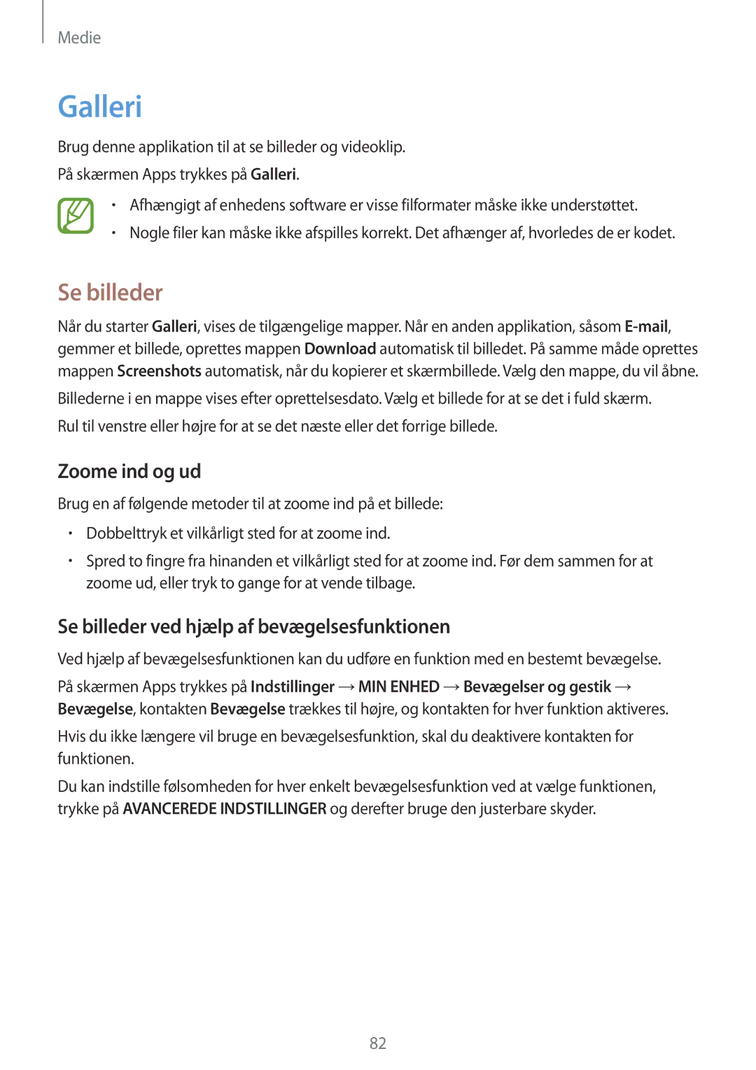 Samsung GT-I9506DKYNEE, GT-I9506ZSANEE manual Galleri, Zoome ind og ud, Se billeder ved hjælp af bevægelsesfunktionen 