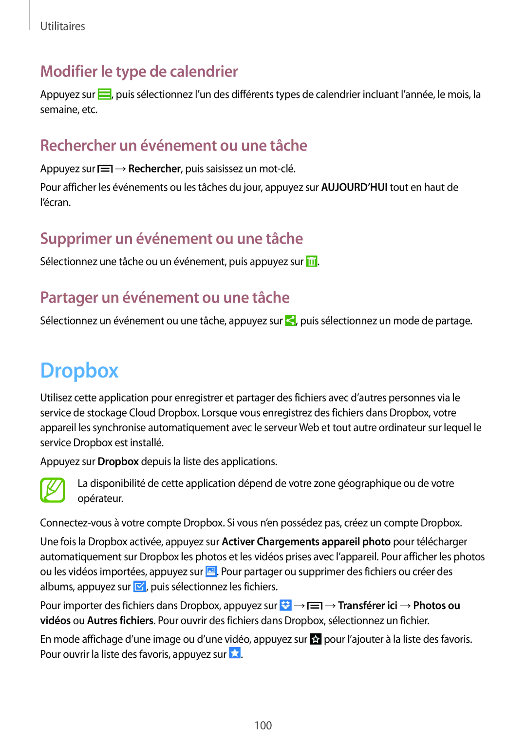Samsung GT-I9506ZKAFTM, GT-I9506ZWAFTM manual Dropbox, Modifier le type de calendrier, Rechercher un événement ou une tâche 