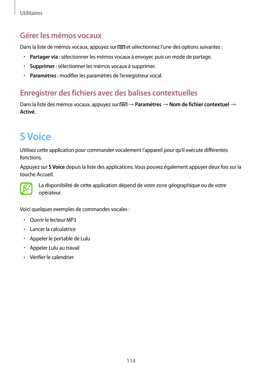 Samsung GT-I9506ZKAFTM manual Voice, Gérer les mémos vocaux, Enregistrer des fichiers avec des balises contextuelles 