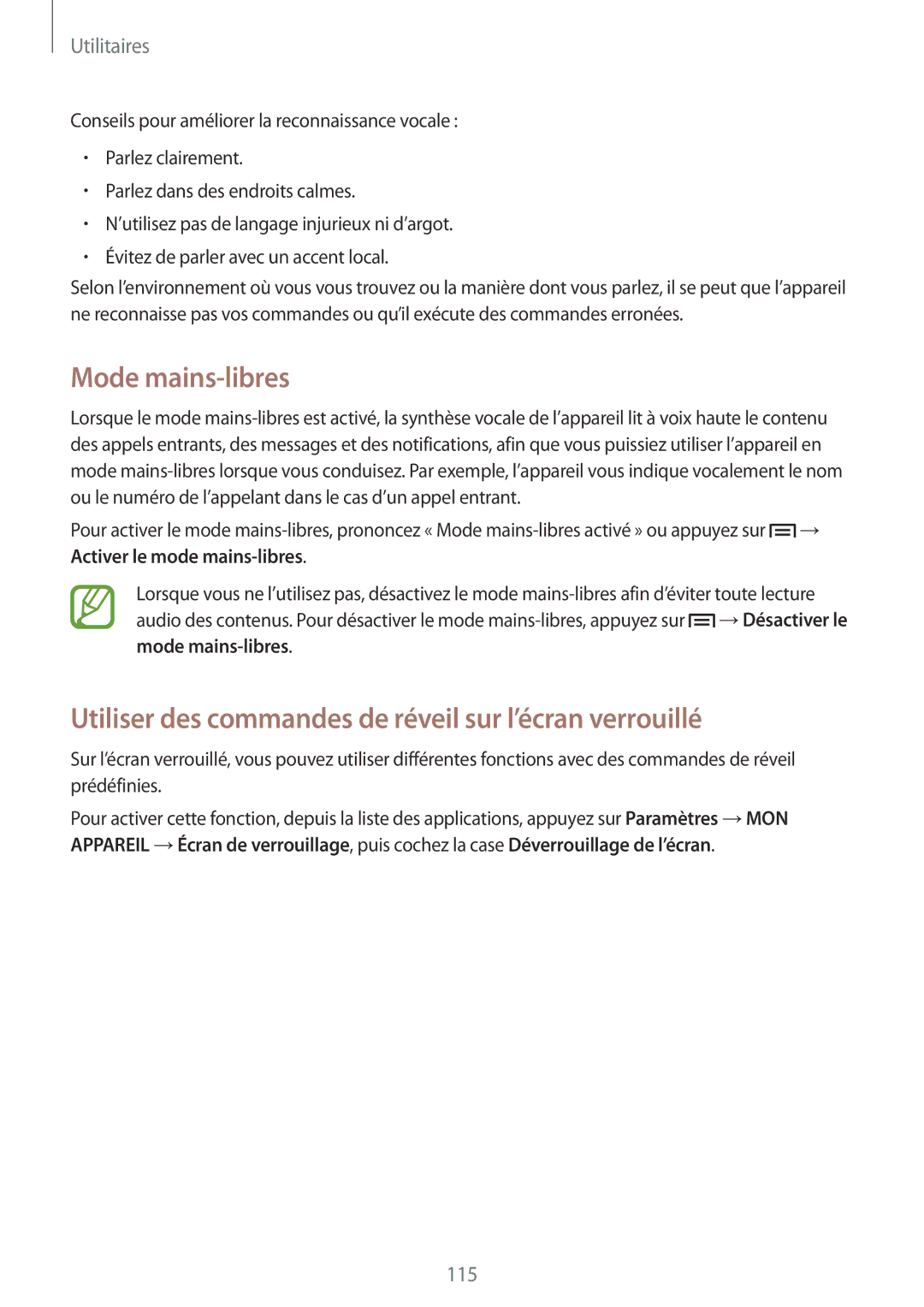 Samsung GT-I9506ZWAFTM, GT-I9506ZKAFTM manual Mode mains-libres, Utiliser des commandes de réveil sur l’écran verrouillé 