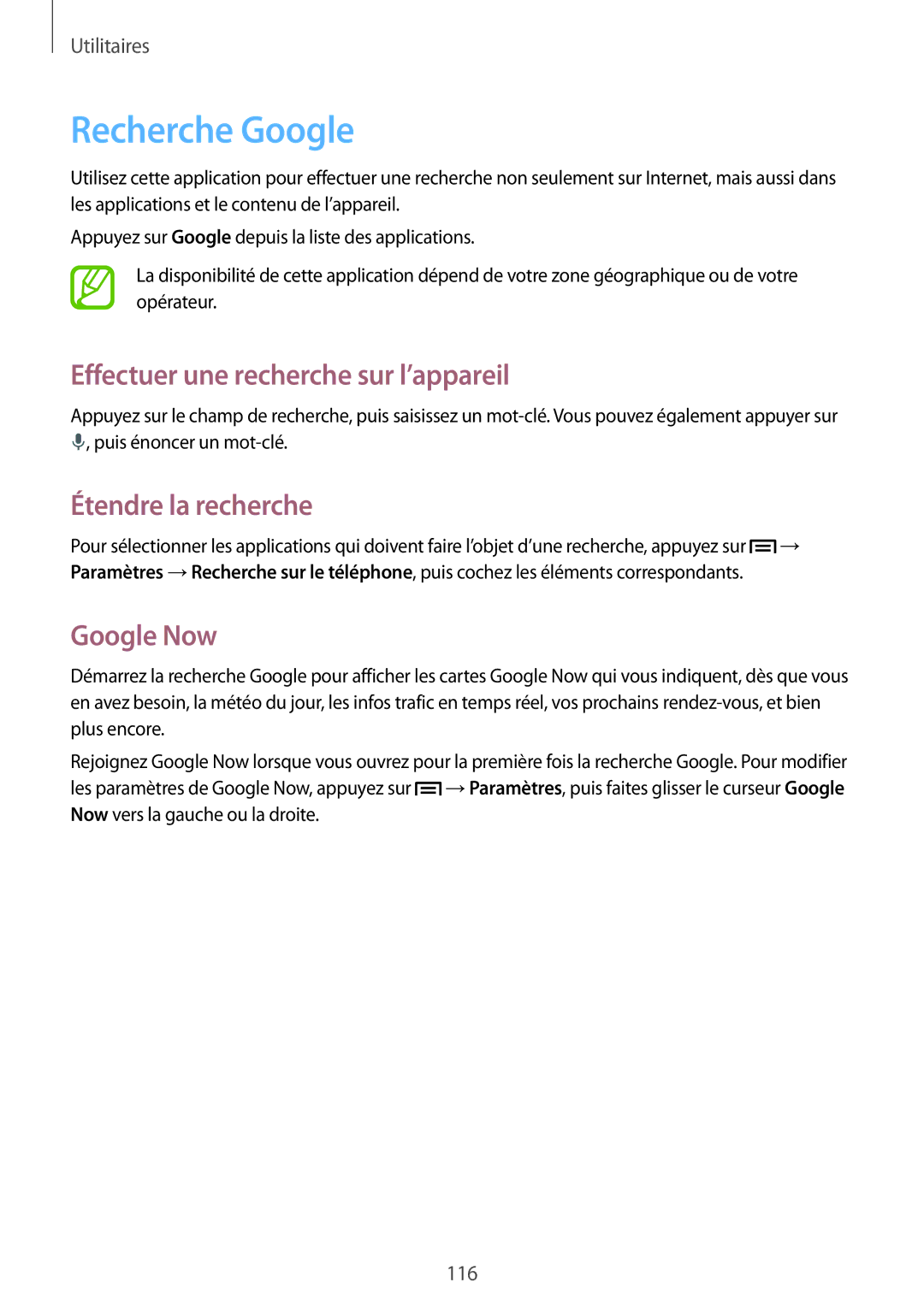 Samsung GT-I9506ZKAFTM manual Recherche Google, Effectuer une recherche sur l’appareil, Étendre la recherche, Google Now 