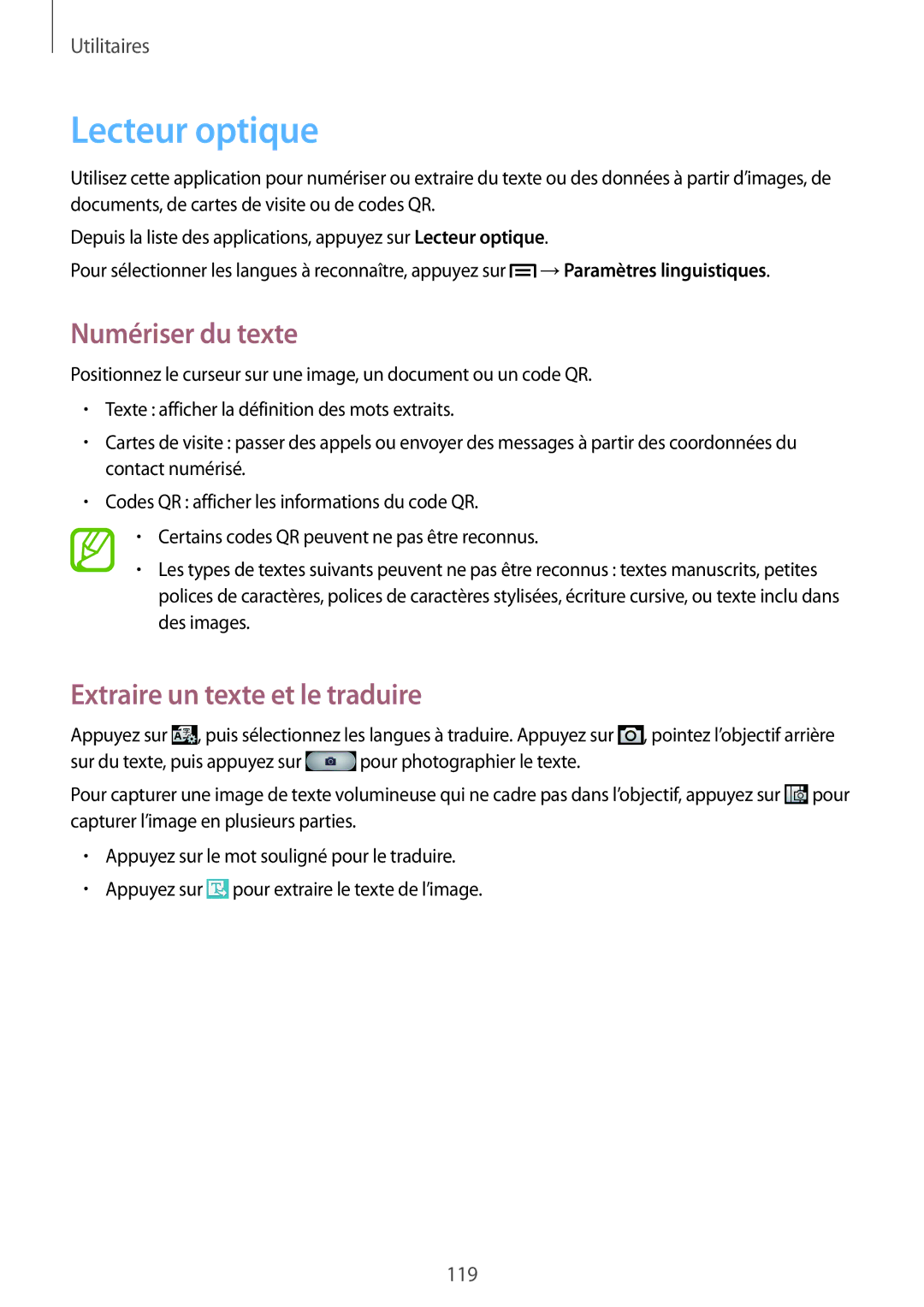 Samsung GT-I9506ZWAFTM, GT-I9506ZKAFTM manual Lecteur optique, Numériser du texte, Extraire un texte et le traduire 