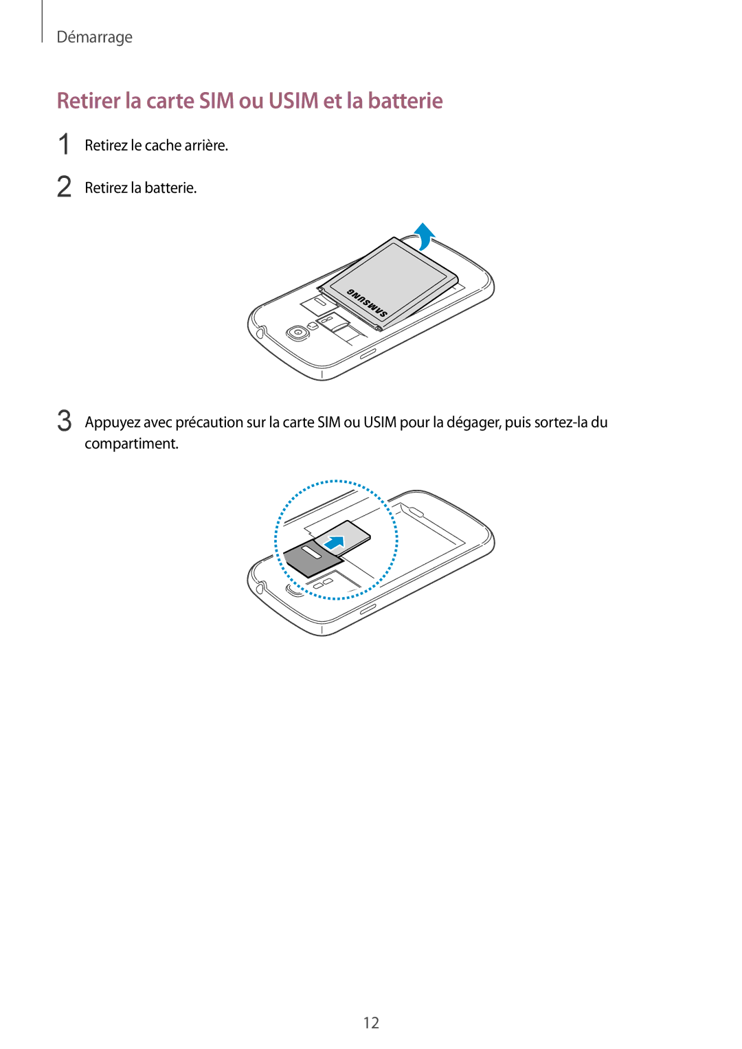 Samsung GT-I9506ZKAFTM, GT-I9506ZWAFTM manual Retirer la carte SIM ou Usim et la batterie 