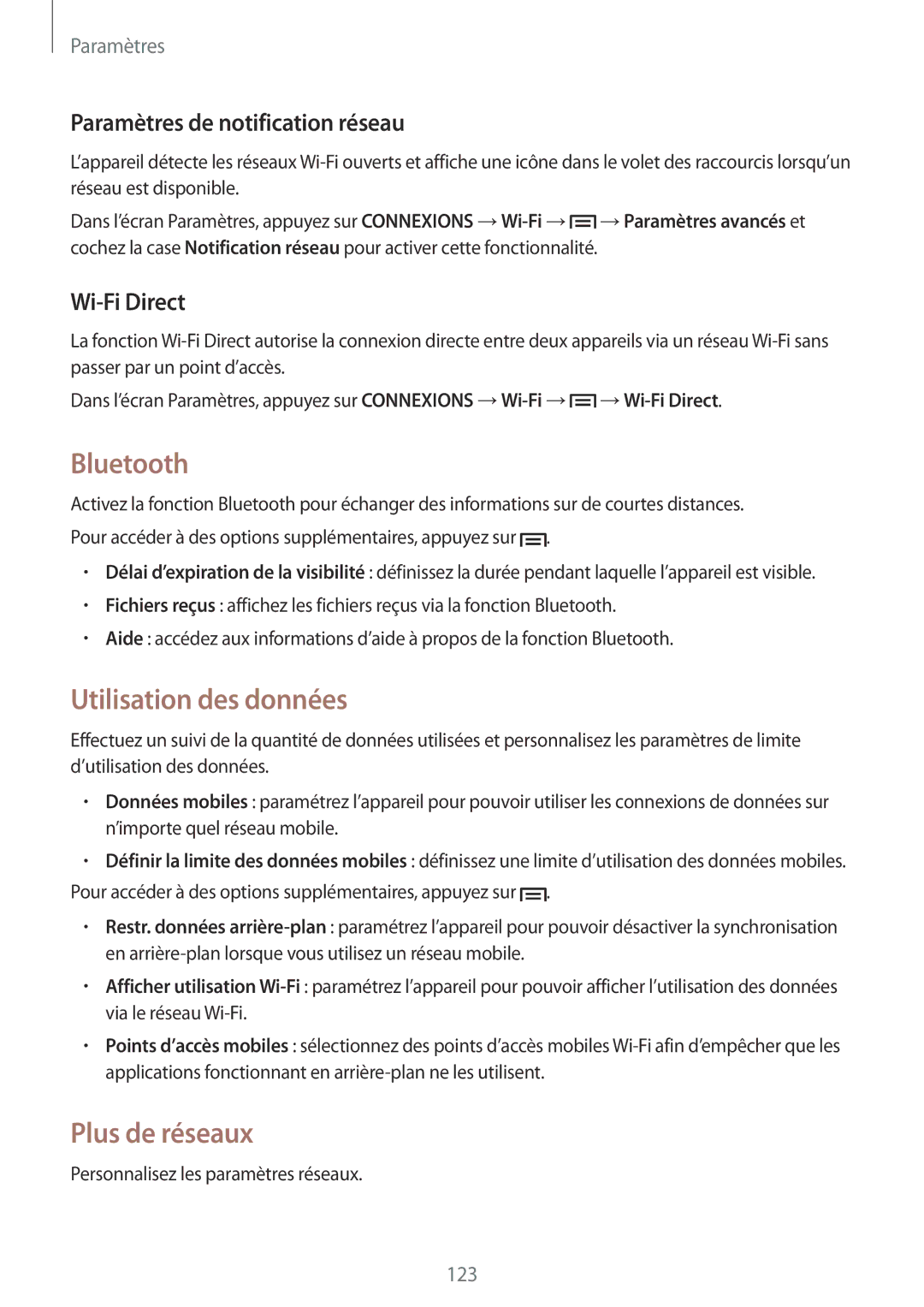 Samsung GT-I9506ZWAFTM manual Bluetooth, Utilisation des données, Plus de réseaux, Paramètres de notification réseau 