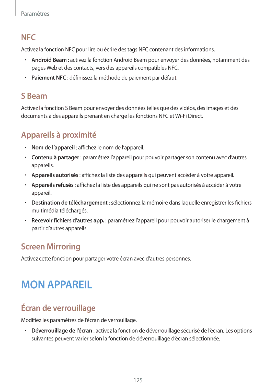 Samsung GT-I9506ZWAFTM, GT-I9506ZKAFTM manual Beam, Appareils à proximité, Screen Mirroring, Écran de verrouillage 