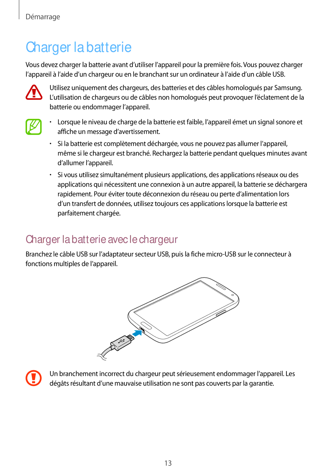 Samsung GT-I9506ZWAFTM, GT-I9506ZKAFTM manual Charger la batterie avec le chargeur 