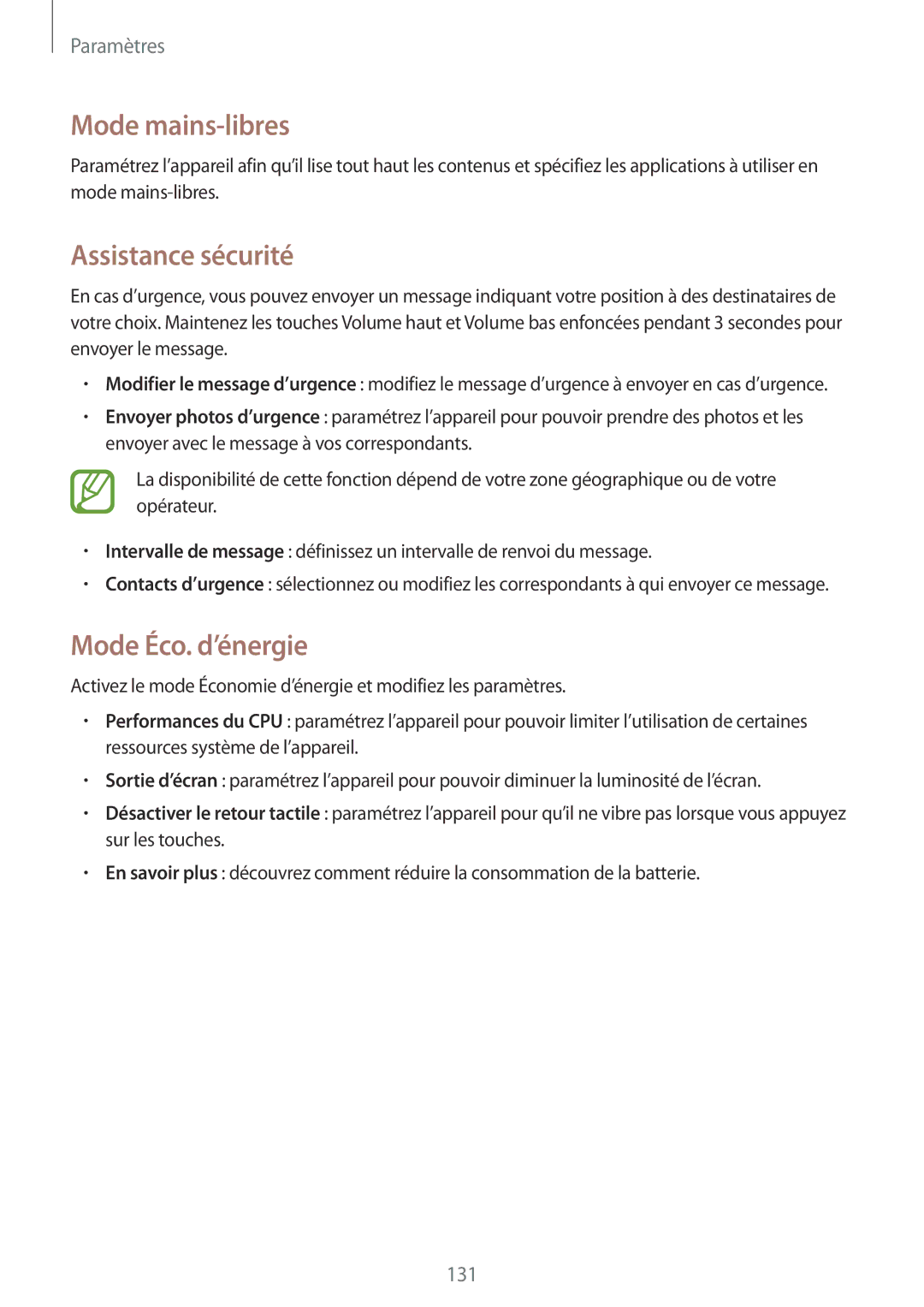 Samsung GT-I9506ZWAFTM, GT-I9506ZKAFTM manual Assistance sécurité, Mode Éco. d’énergie 