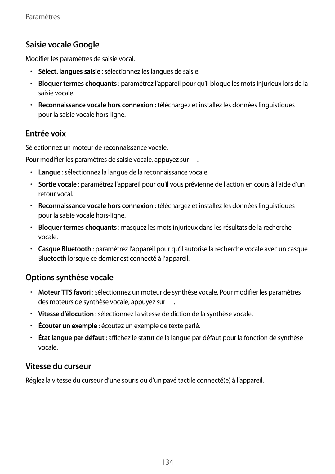 Samsung GT-I9506ZKAFTM, GT-I9506ZWAFTM manual Saisie vocale Google, Entrée voix, Options synthèse vocale, Vitesse du curseur 