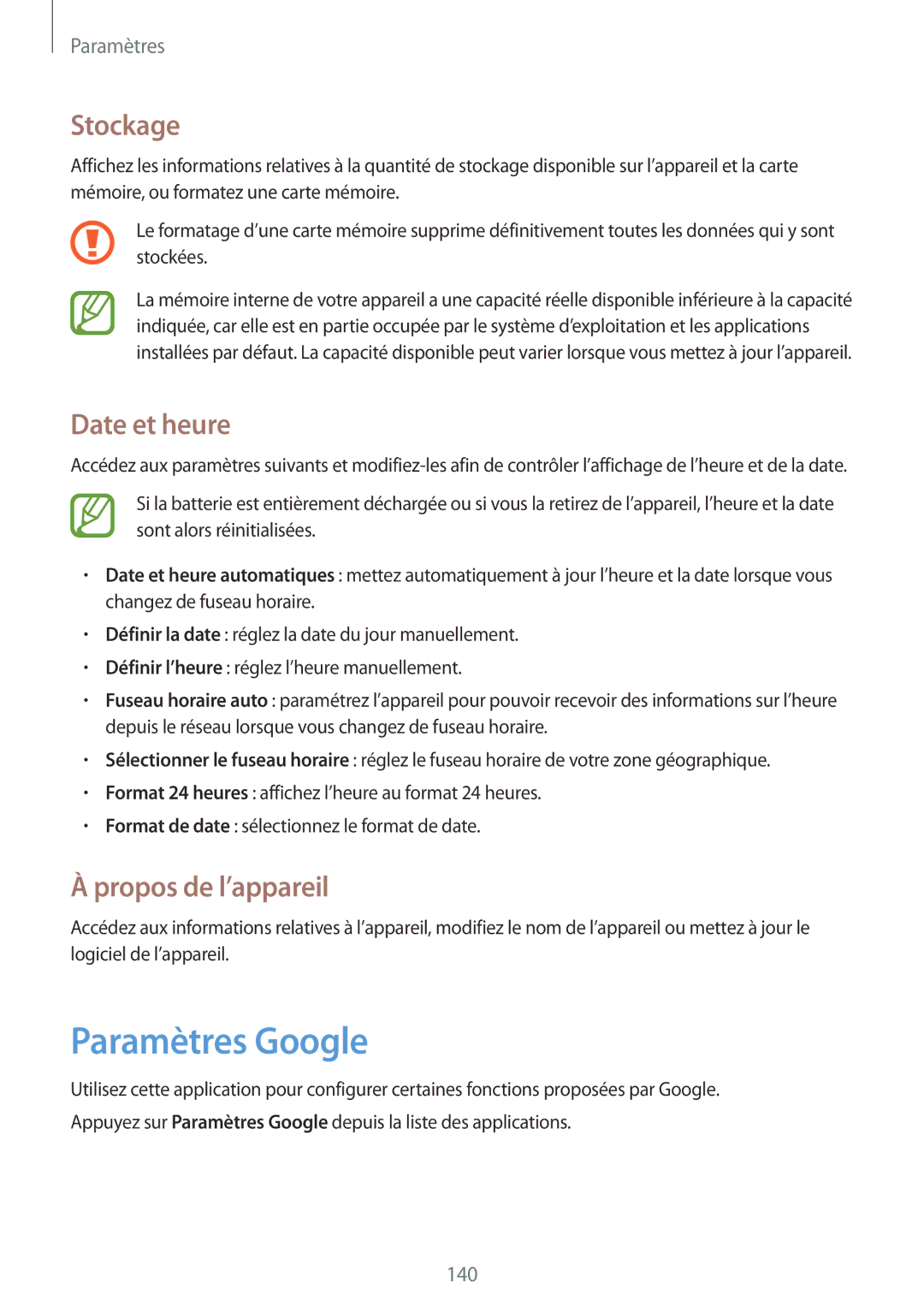 Samsung GT-I9506ZKAFTM, GT-I9506ZWAFTM manual Paramètres Google, Stockage, Date et heure, Propos de l’appareil 