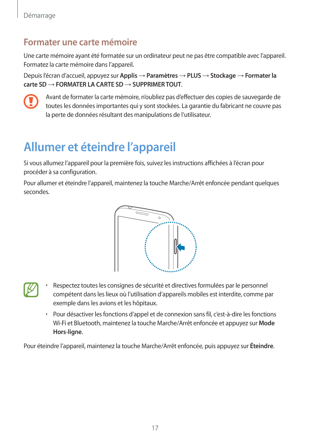 Samsung GT-I9506ZWAFTM, GT-I9506ZKAFTM manual Allumer et éteindre l’appareil, Formater une carte mémoire 