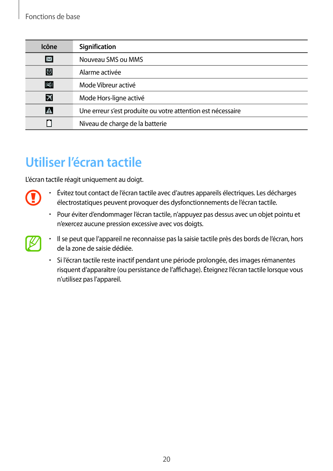 Samsung GT-I9506ZKAFTM, GT-I9506ZWAFTM manual Utiliser l’écran tactile, Fonctions de base 