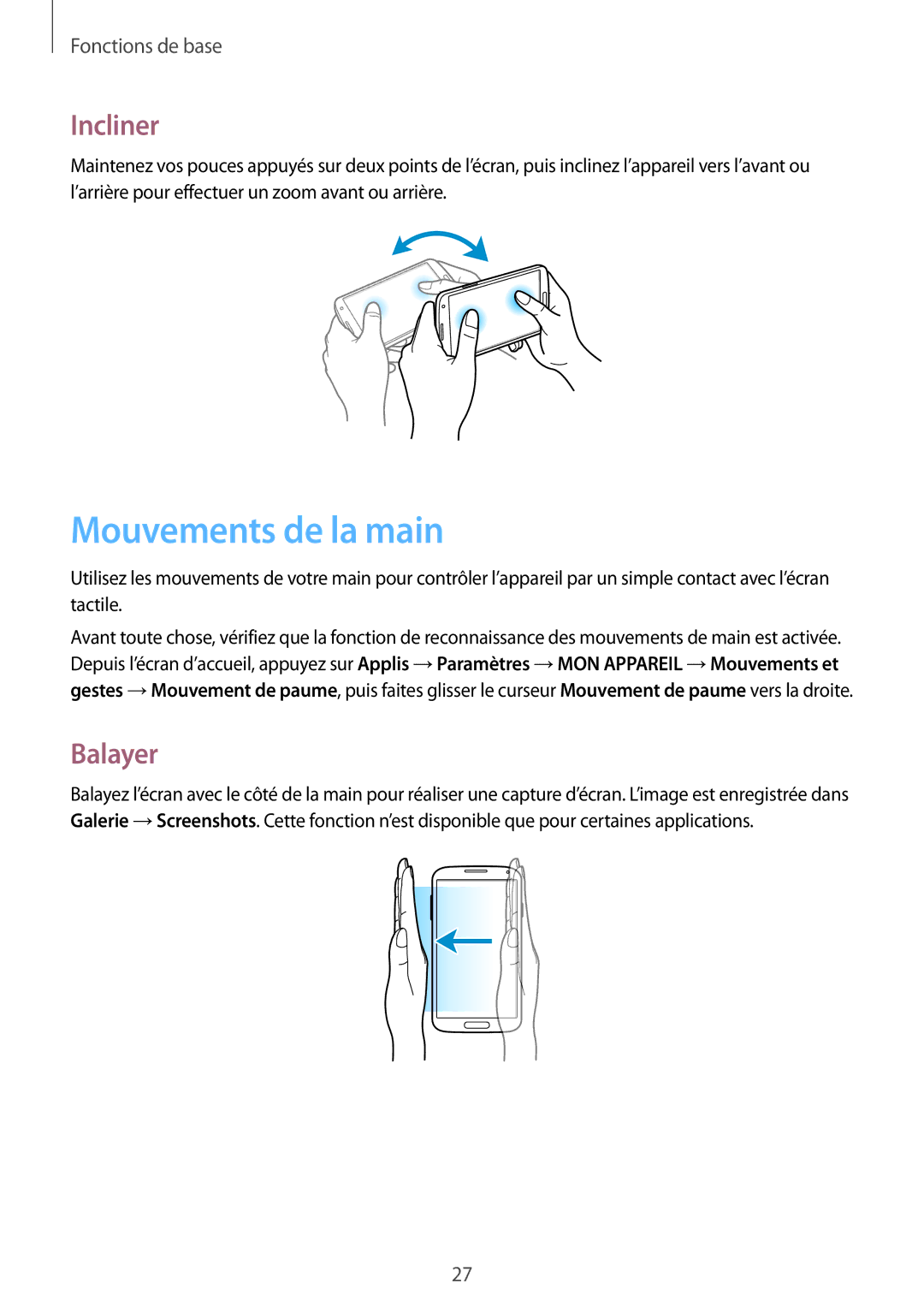 Samsung GT-I9506ZWAFTM, GT-I9506ZKAFTM manual Mouvements de la main, Incliner, Balayer 